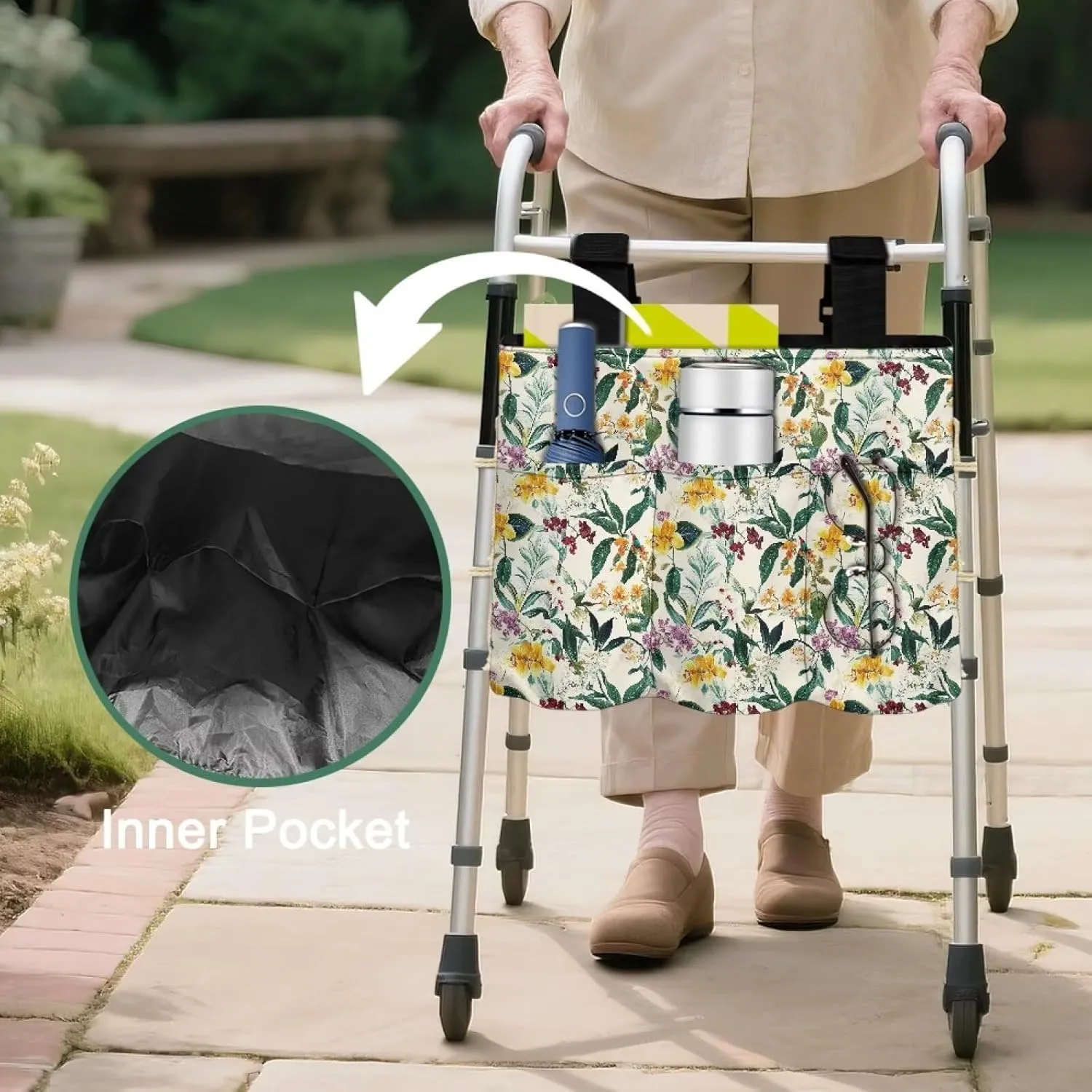 LedBack Walker Bags for Folding Walker, Lightweight and Durable Organizer Tropical Florals Leaves Print Large Capacity Portable Storage Bag with Small Pockets, Easy to Install