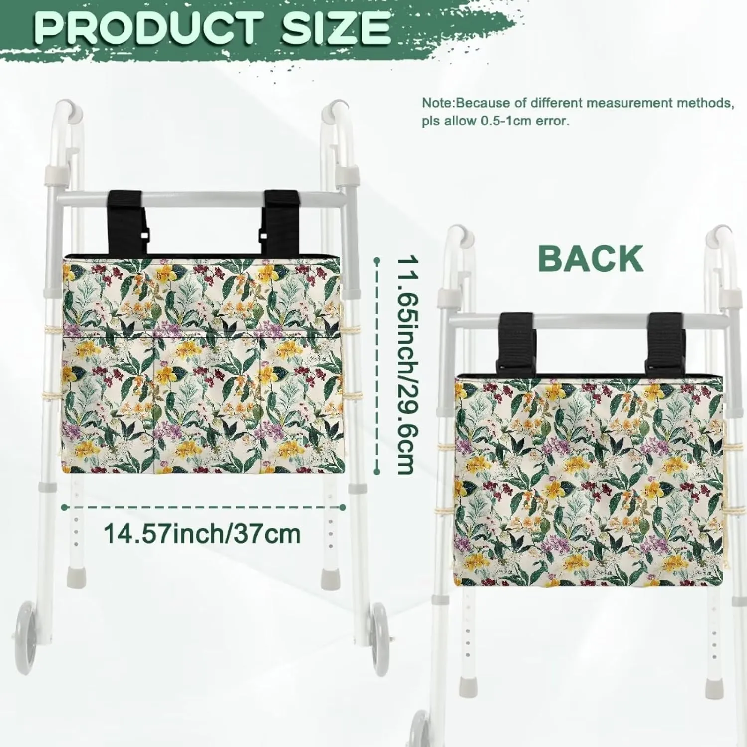 LedBack Walker Bags for Folding Walker, Lightweight and Durable Organizer Tropical Florals Leaves Print Large Capacity Portable Storage Bag with Small Pockets, Easy to Install