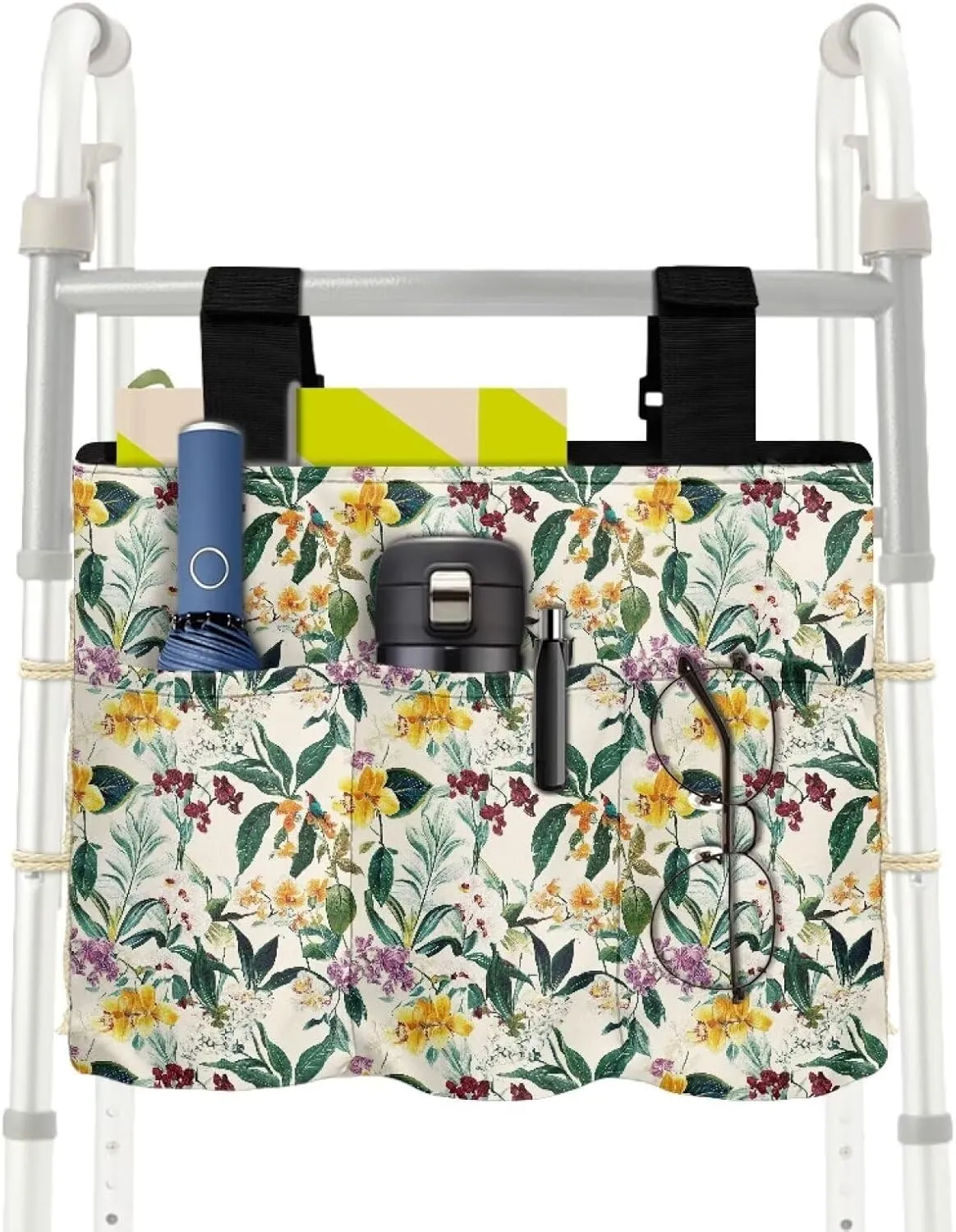 LedBack Walker Bags for Folding Walker, Lightweight and Durable Organizer Tropical Florals Leaves Print Large Capacity Portable Storage Bag with Small Pockets, Easy to Install