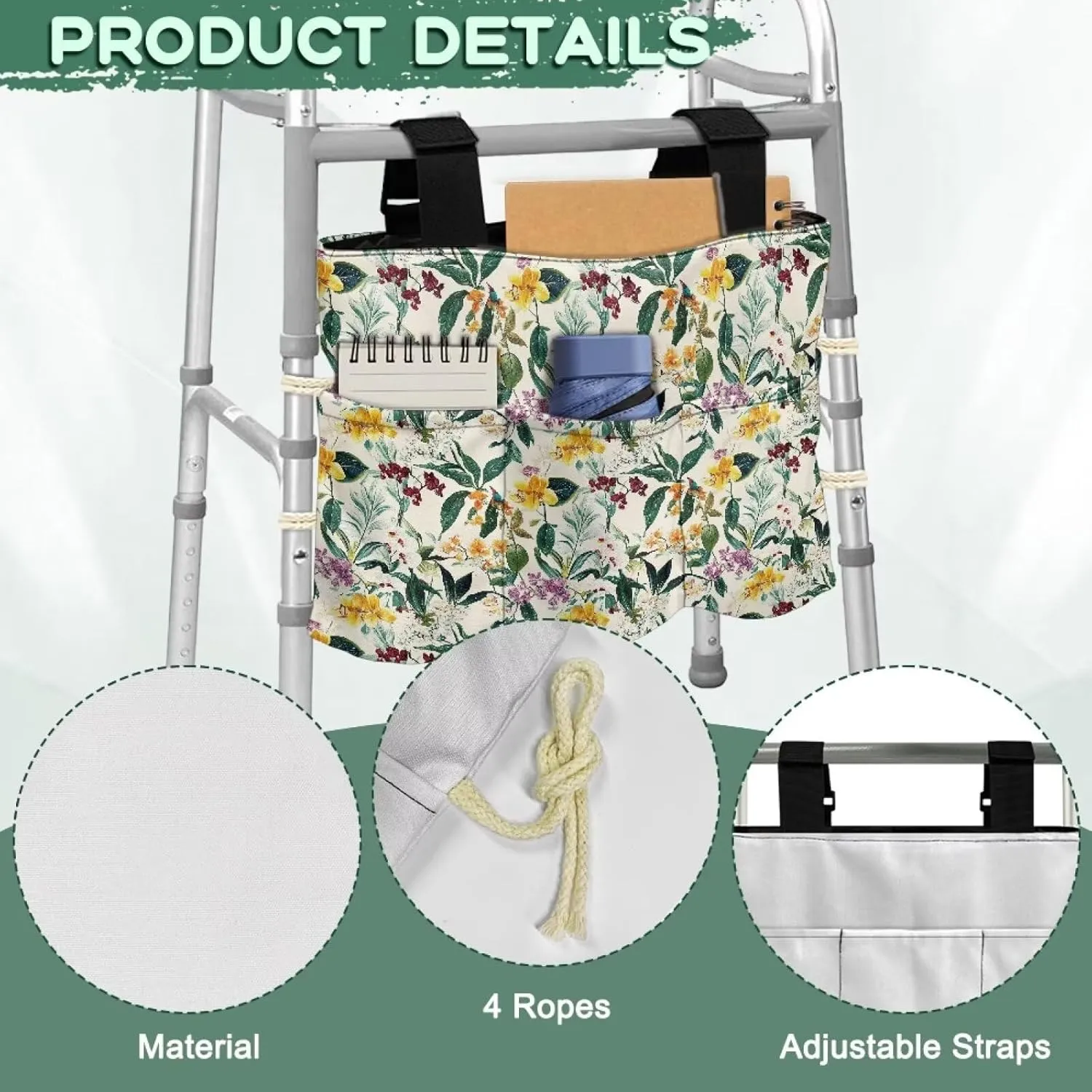 LedBack Walker Bags for Folding Walker, Lightweight and Durable Organizer Tropical Florals Leaves Print Large Capacity Portable Storage Bag with Small Pockets, Easy to Install