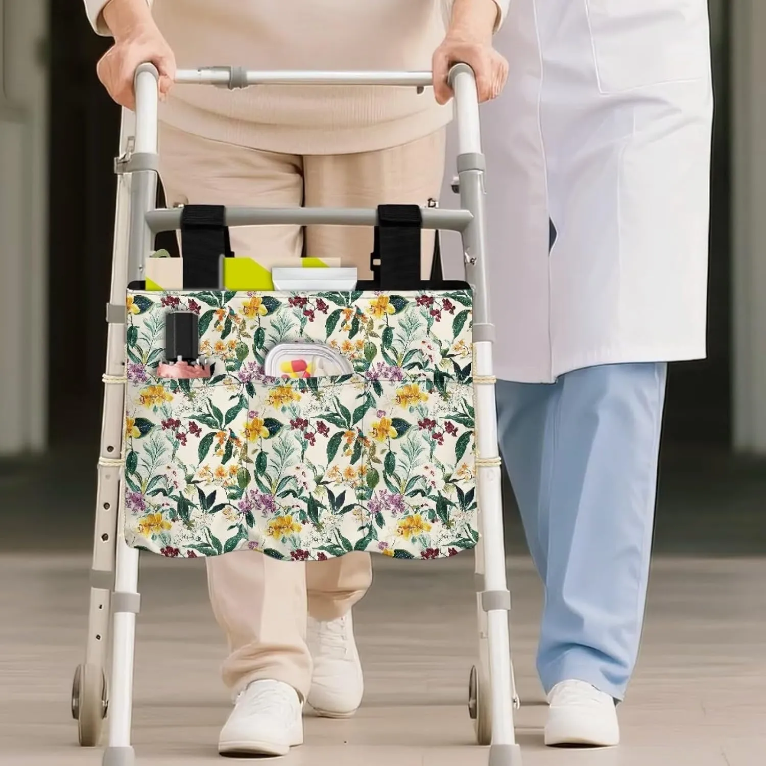 LedBack Walker Bags for Folding Walker, Lightweight and Durable Organizer Tropical Florals Leaves Print Large Capacity Portable Storage Bag with Small Pockets, Easy to Install