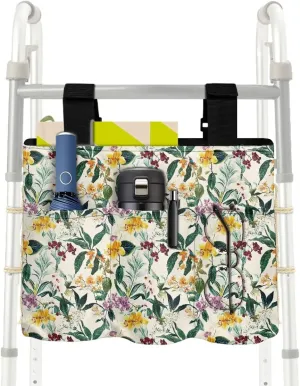 LedBack Walker Bags for Folding Walker, Lightweight and Durable Organizer Tropical Florals Leaves Print Large Capacity Portable Storage Bag with Small Pockets, Easy to Install