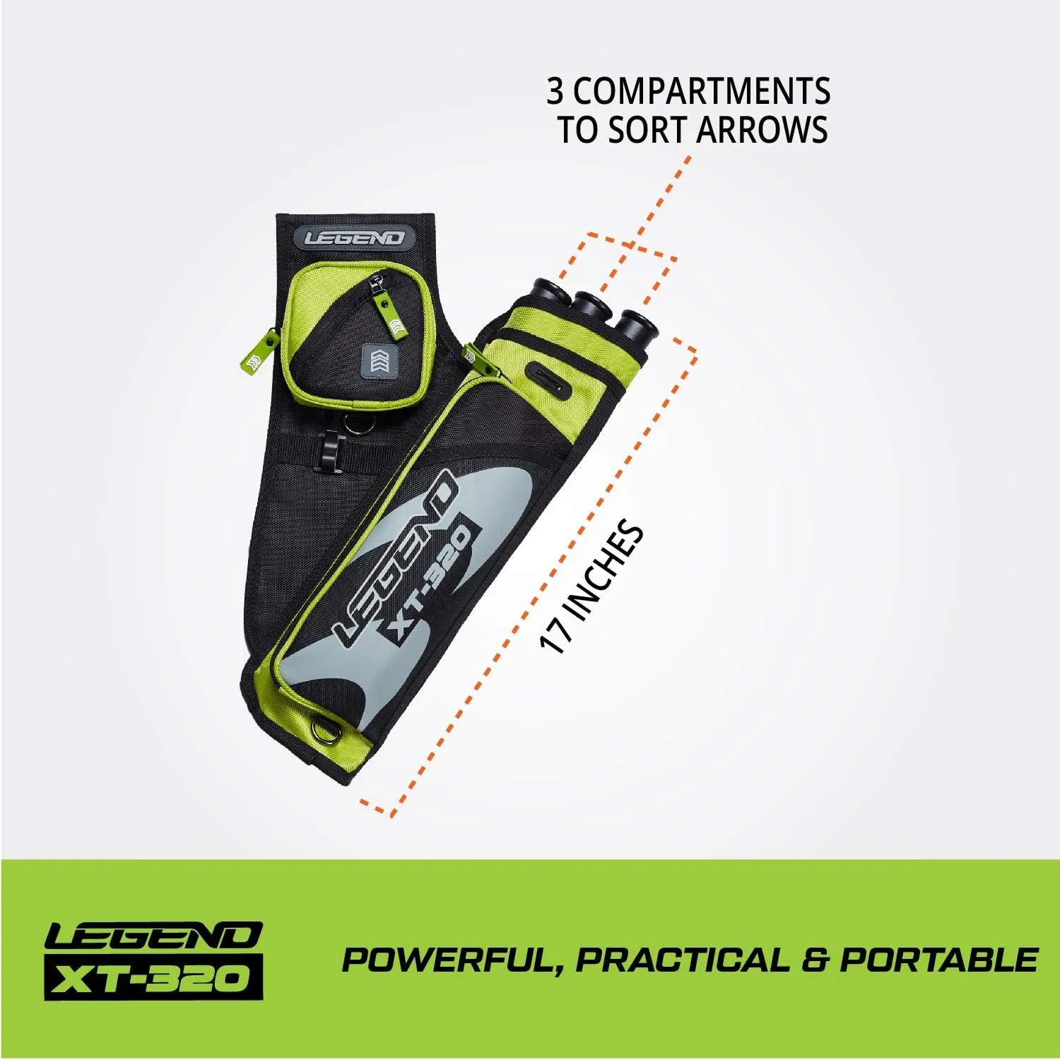 LEGEND XT320 Archery Quivers - Nylon Hip Quivers with 3 Arrow Tube Cases for Target Shooting - Adjustable Waist Belt, T-Slot, Storage Compartments for Accessories, Gear, Tools, Release Tab, Score Card