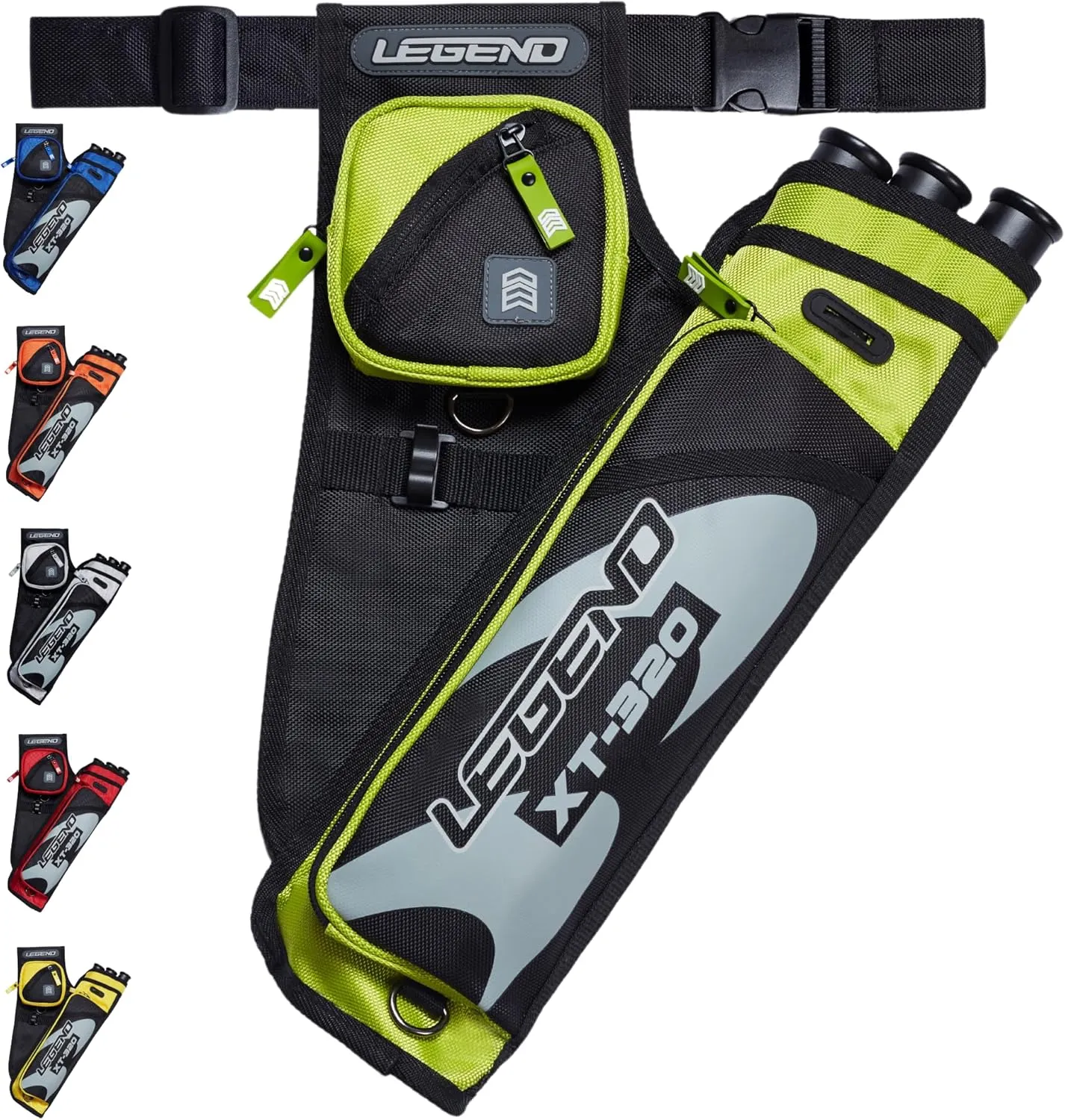 LEGEND XT320 Archery Quivers - Nylon Hip Quivers with 3 Arrow Tube Cases for Target Shooting - Adjustable Waist Belt, T-Slot, Storage Compartments for Accessories, Gear, Tools, Release Tab, Score Card