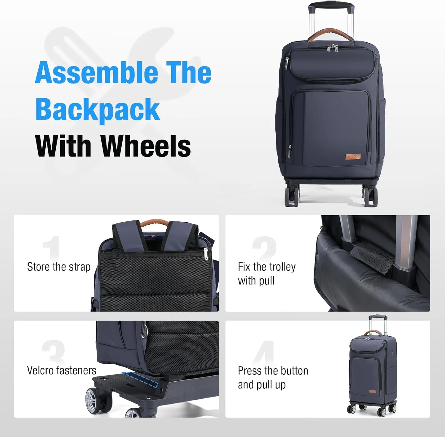 Lekebobor Travel Rolling Backpack, 18 inch Waterproof Bag with 360° Wheels for 15.6" Laptop, Convertible Airline Approved Travel Back Pack for Men & Women, Business, Commuter