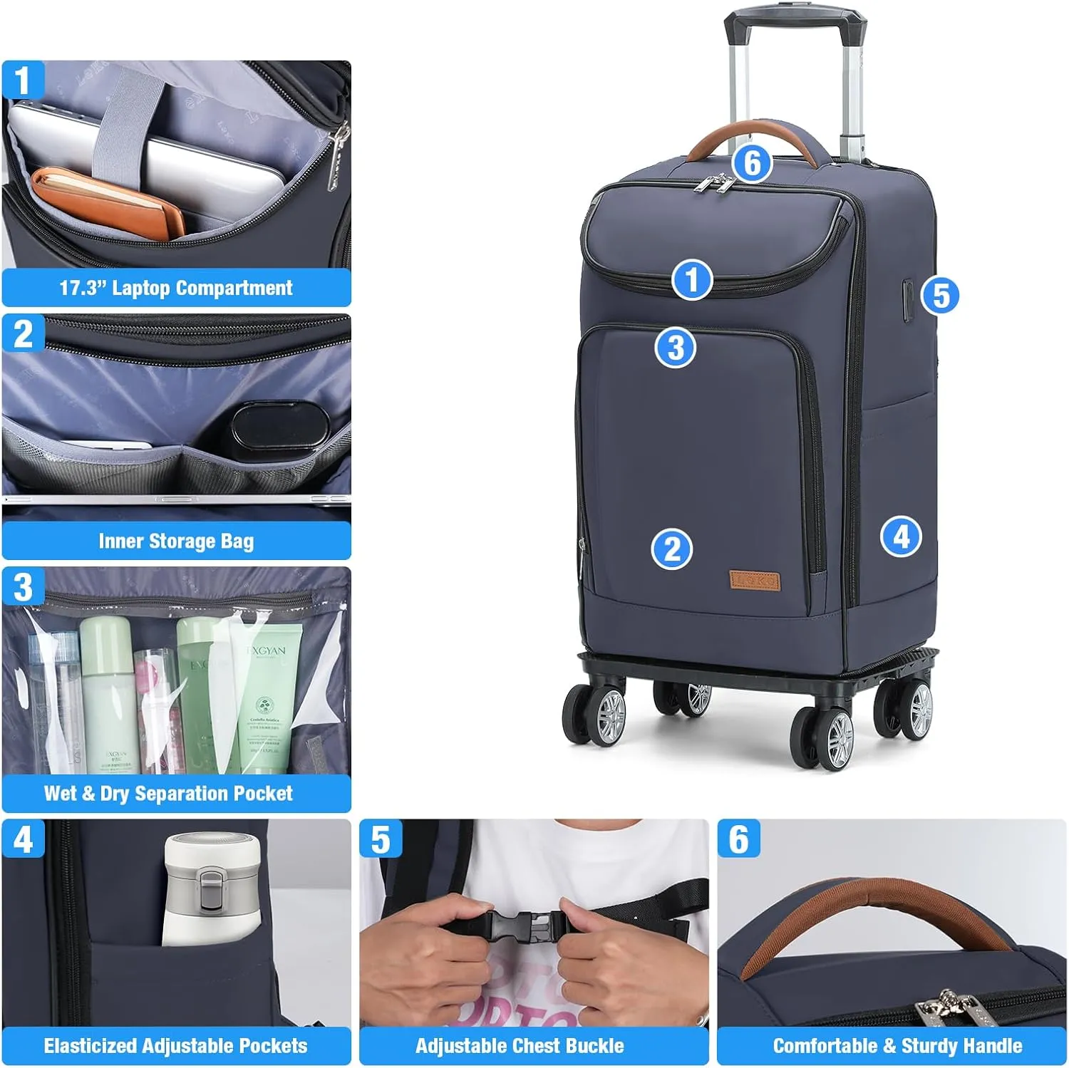 Lekebobor Travel Rolling Backpack, 18 inch Waterproof Bag with 360° Wheels for 15.6" Laptop, Convertible Airline Approved Travel Back Pack for Men & Women, Business, Commuter