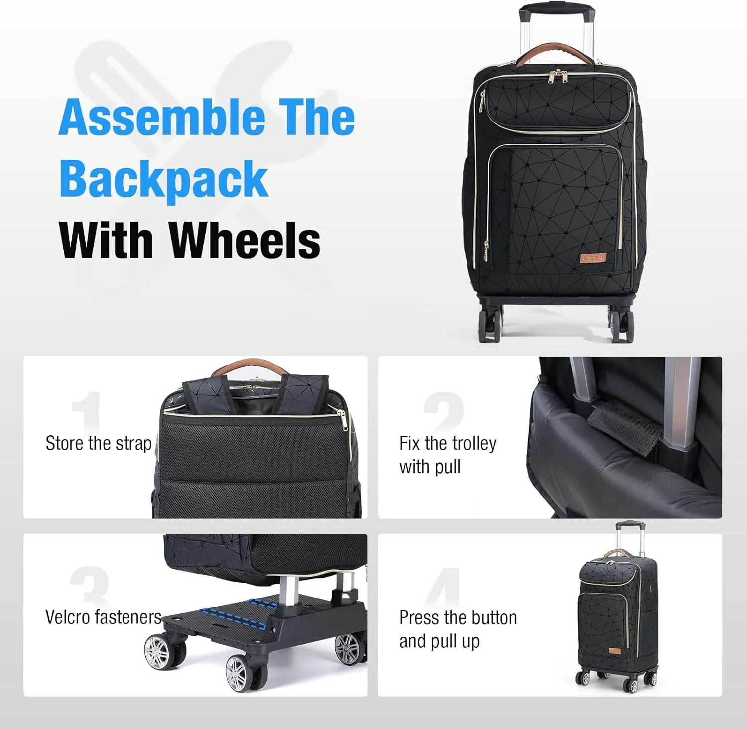 Lekebobor Travel Rolling Backpack, 18 inch Waterproof Bag with 360° Wheels for 15.6" Laptop, Convertible Airline Approved Travel Back Pack for Men & Women, Business, Commuter