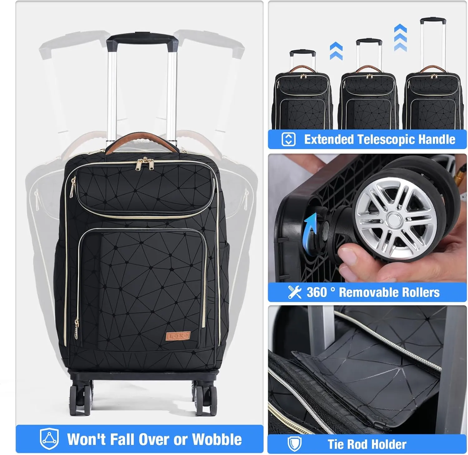 Lekebobor Travel Rolling Backpack, 18 inch Waterproof Bag with 360° Wheels for 15.6" Laptop, Convertible Airline Approved Travel Back Pack for Men & Women, Business, Commuter