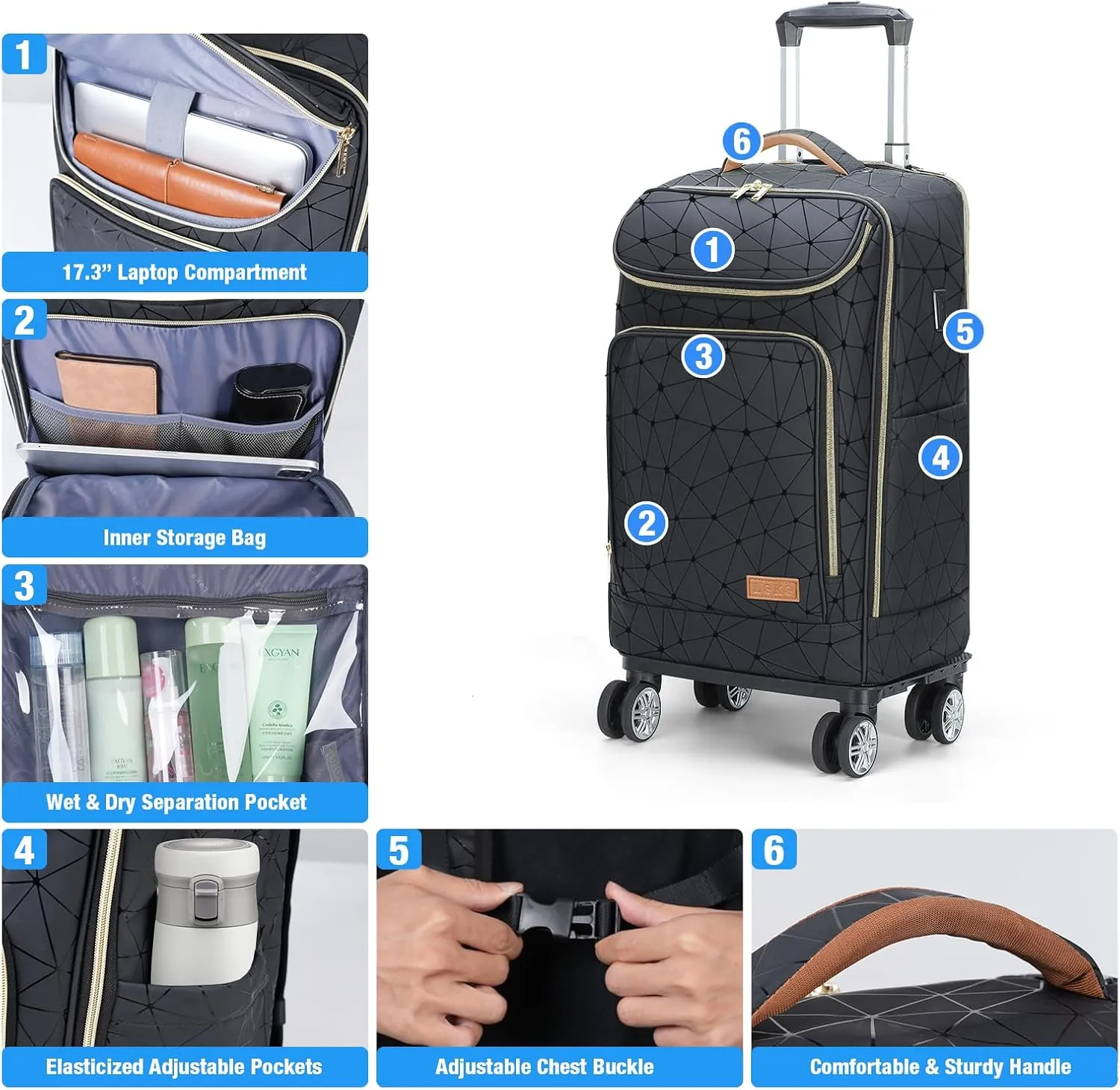 Lekebobor Travel Rolling Backpack, 18 inch Waterproof Bag with 360° Wheels for 15.6" Laptop, Convertible Airline Approved Travel Back Pack for Men & Women, Business, Commuter