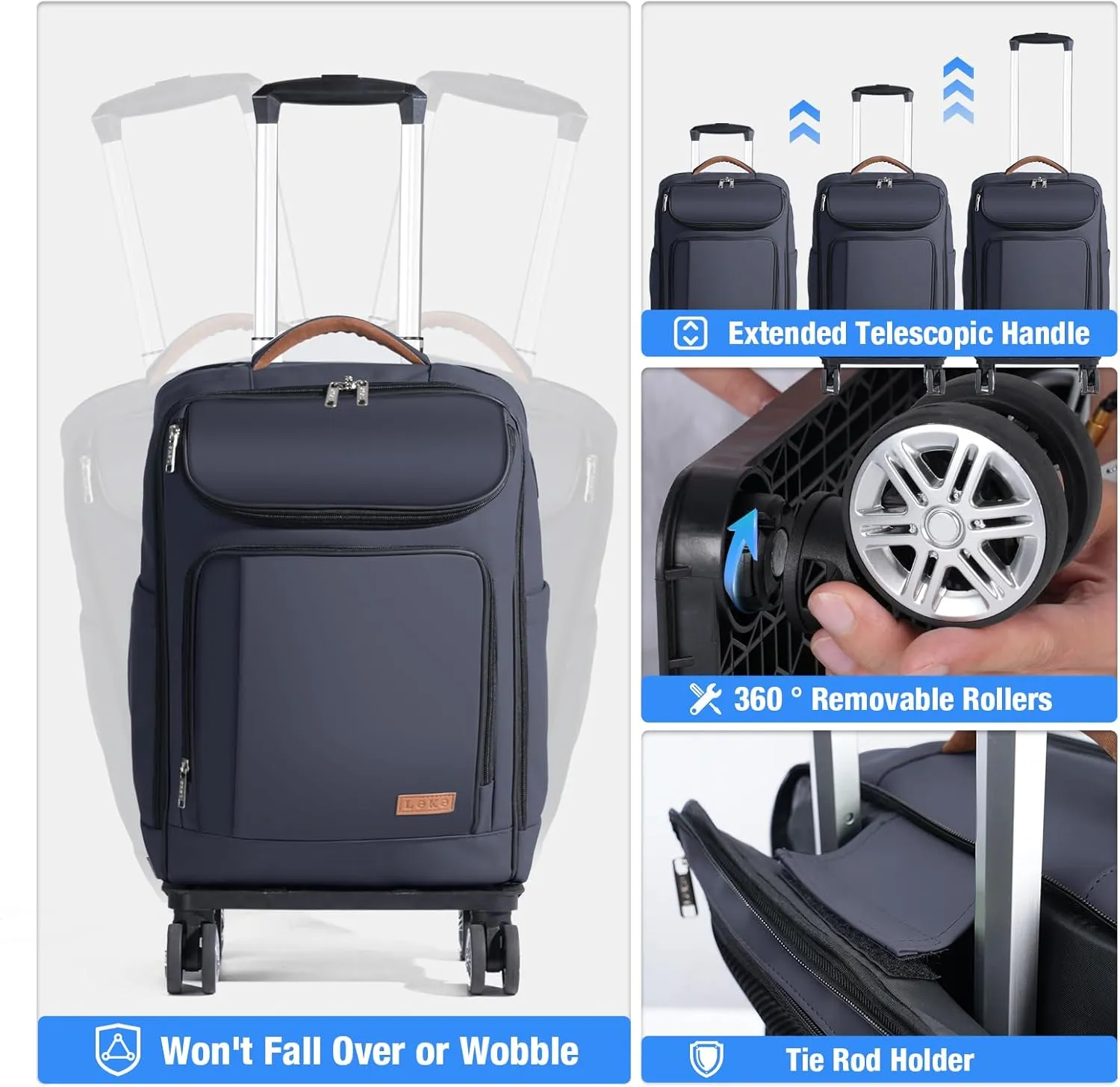 Lekebobor Travel Rolling Backpack, 18 inch Waterproof Bag with 360° Wheels for 15.6" Laptop, Convertible Airline Approved Travel Back Pack for Men & Women, Business, Commuter