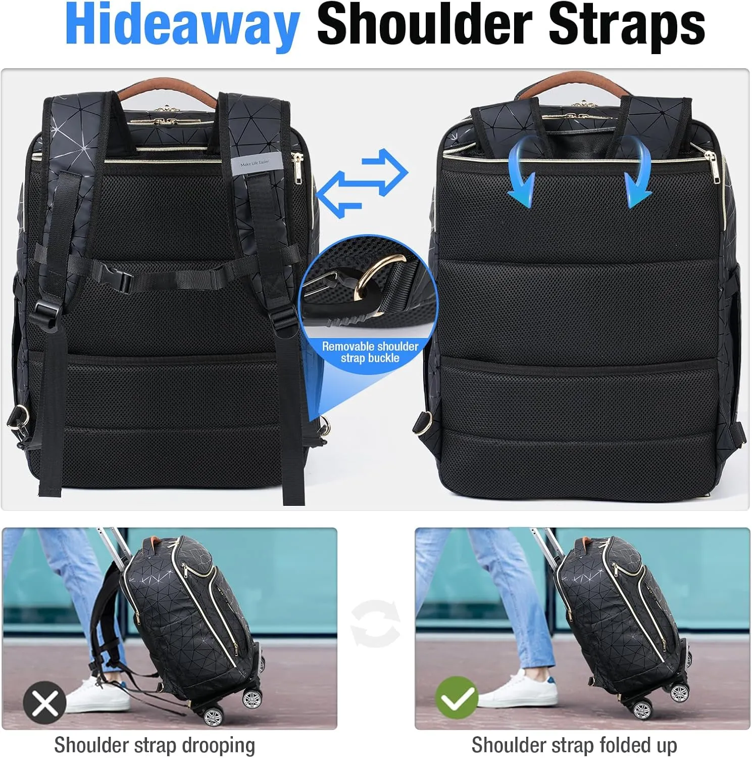 Lekebobor Travel Rolling Backpack, 18 inch Waterproof Bag with 360° Wheels for 15.6" Laptop, Convertible Airline Approved Travel Back Pack for Men & Women, Business, Commuter