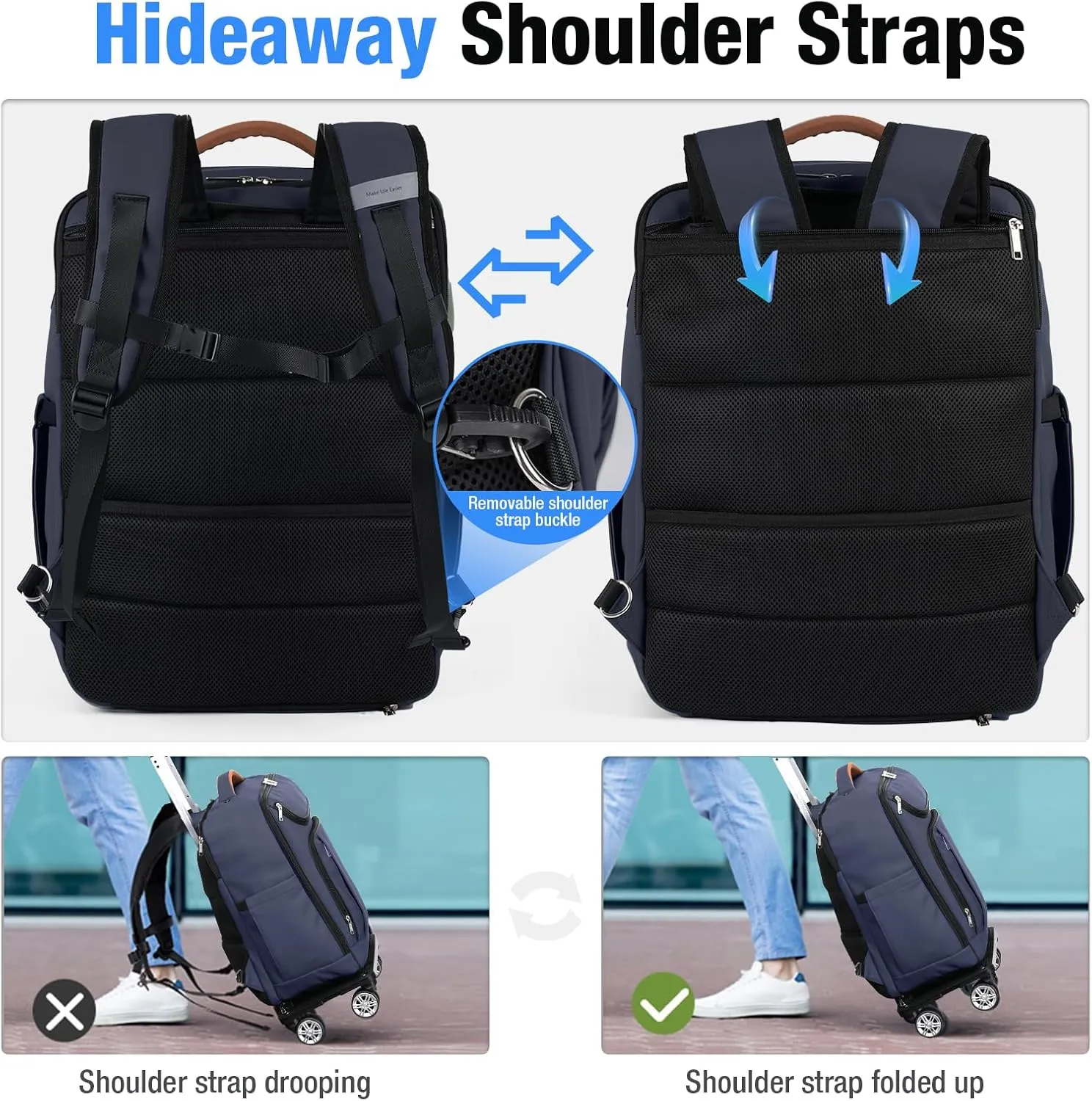 Lekebobor Travel Rolling Backpack, 18 inch Waterproof Bag with 360° Wheels for 15.6" Laptop, Convertible Airline Approved Travel Back Pack for Men & Women, Business, Commuter