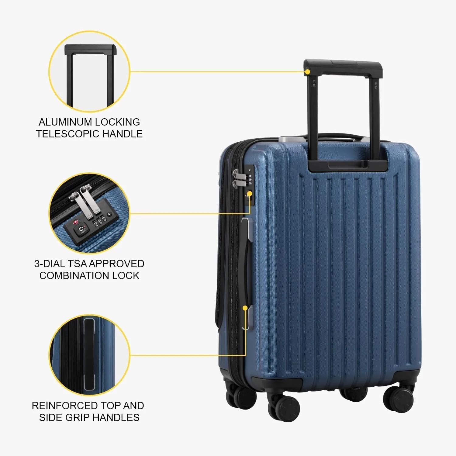 LEVEL8 Grace Carry On Luggage, 20 Inch Hardside Suitcase, Abs Pc Harshell Spinner Luggage with Tsa Lock, Spinner Wheels, Blue, 20-Inch Carry-On