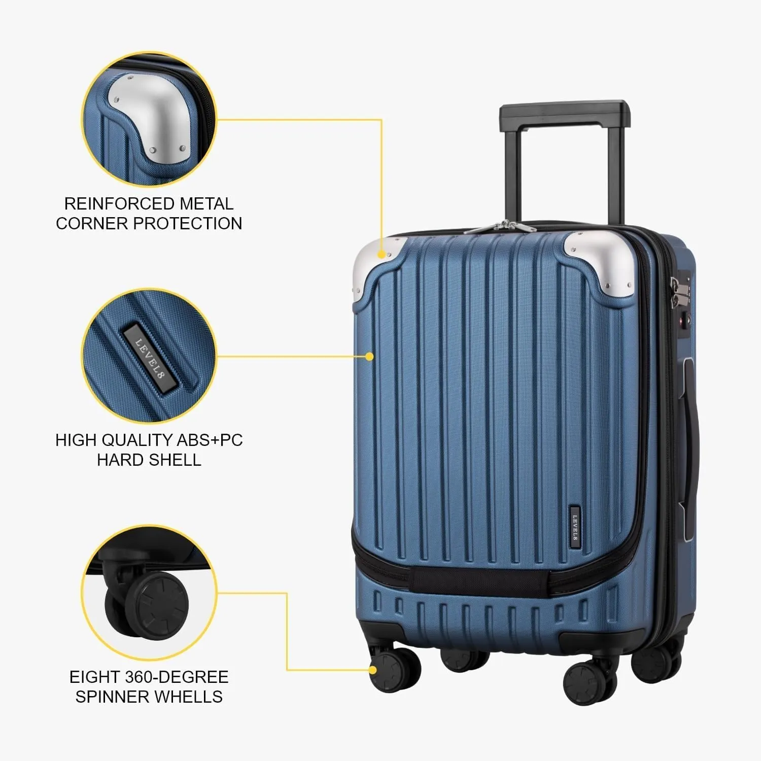 LEVEL8 Grace Carry On Luggage, 20 Inch Hardside Suitcase, Abs Pc Harshell Spinner Luggage with Tsa Lock, Spinner Wheels, Blue, 20-Inch Carry-On