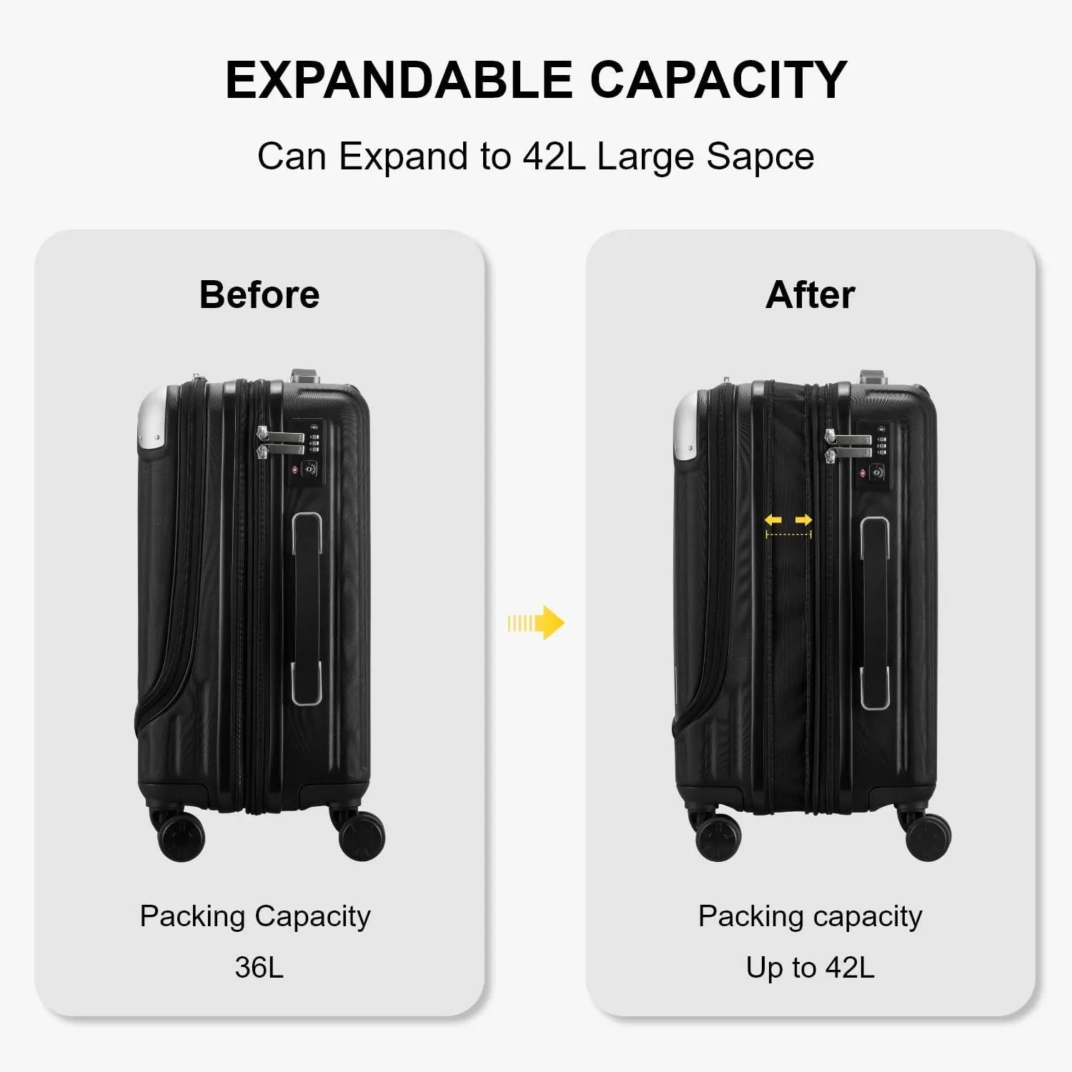 LEVEL8 Grace Hard Shell Carry on Luggage with Front Compartment, 20 Inch Expandable Suitcases with Wheels, Lightweight Carry-on Suitcase for Airplane, Tsa Lock, Black