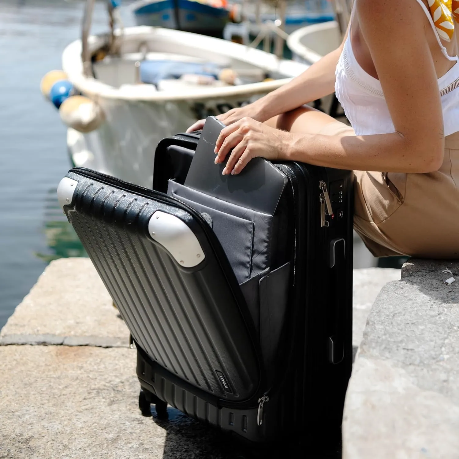 LEVEL8 Grace Hard Shell Carry on Luggage with Front Compartment, 20 Inch Expandable Suitcases with Wheels, Lightweight Carry-on Suitcase for Airplane, Tsa Lock, Black
