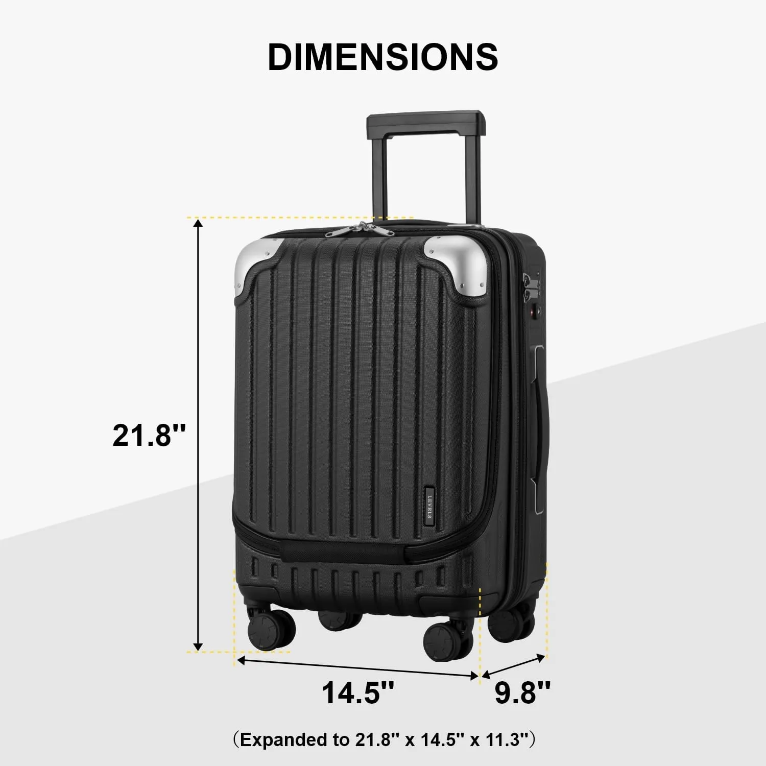 LEVEL8 Grace Hard Shell Carry on Luggage with Front Compartment, 20 Inch Expandable Suitcases with Wheels, Lightweight Carry-on Suitcase for Airplane, Tsa Lock, Black