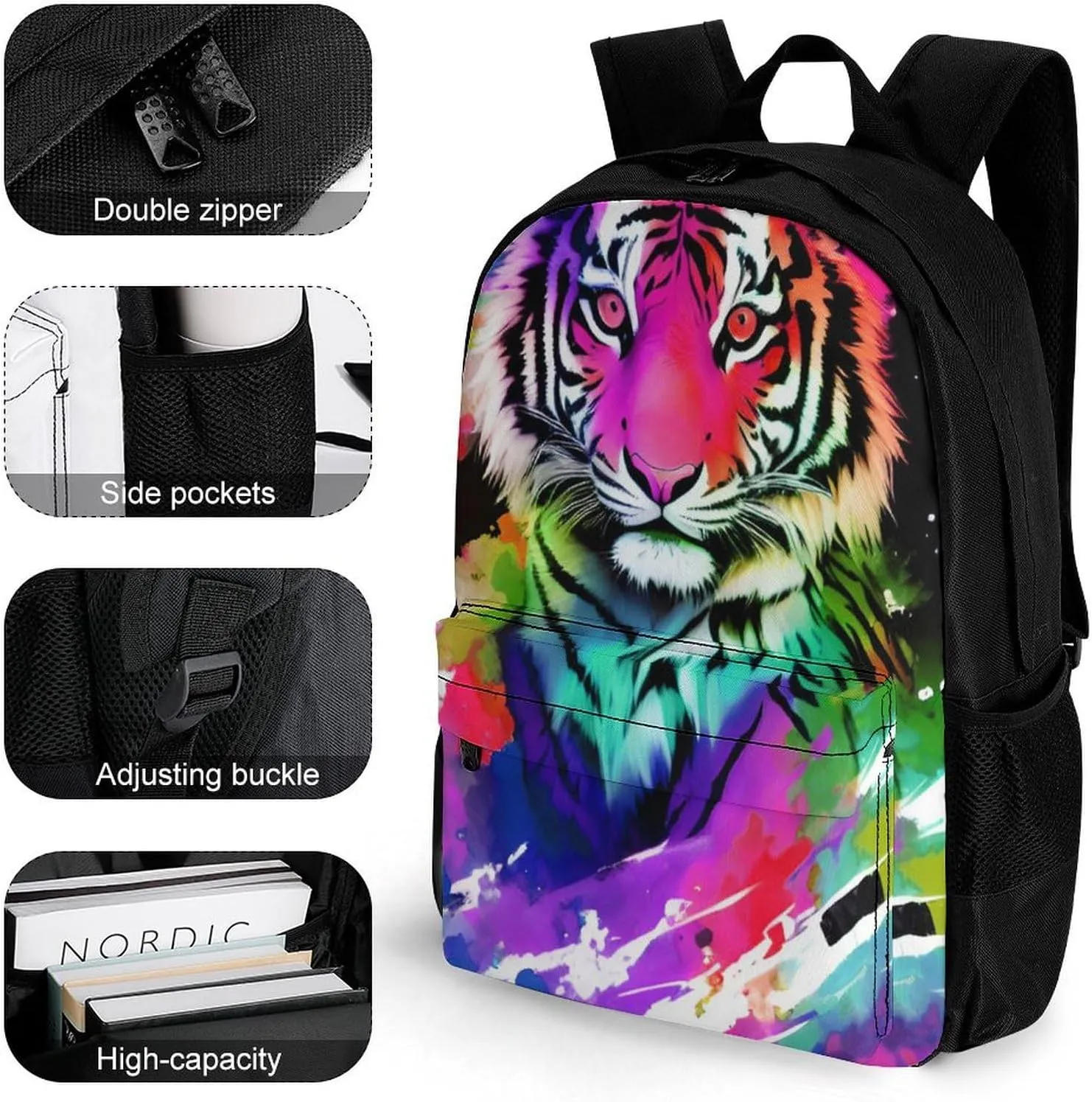 Lightweight Backpack for Gym Travel Bicycle - Big Capacity Multipurpose Anti-Theft Carry On Bag, Beautiful Wild Animal Tiger Abstract Art Travel Hiking Bag & Day Pack