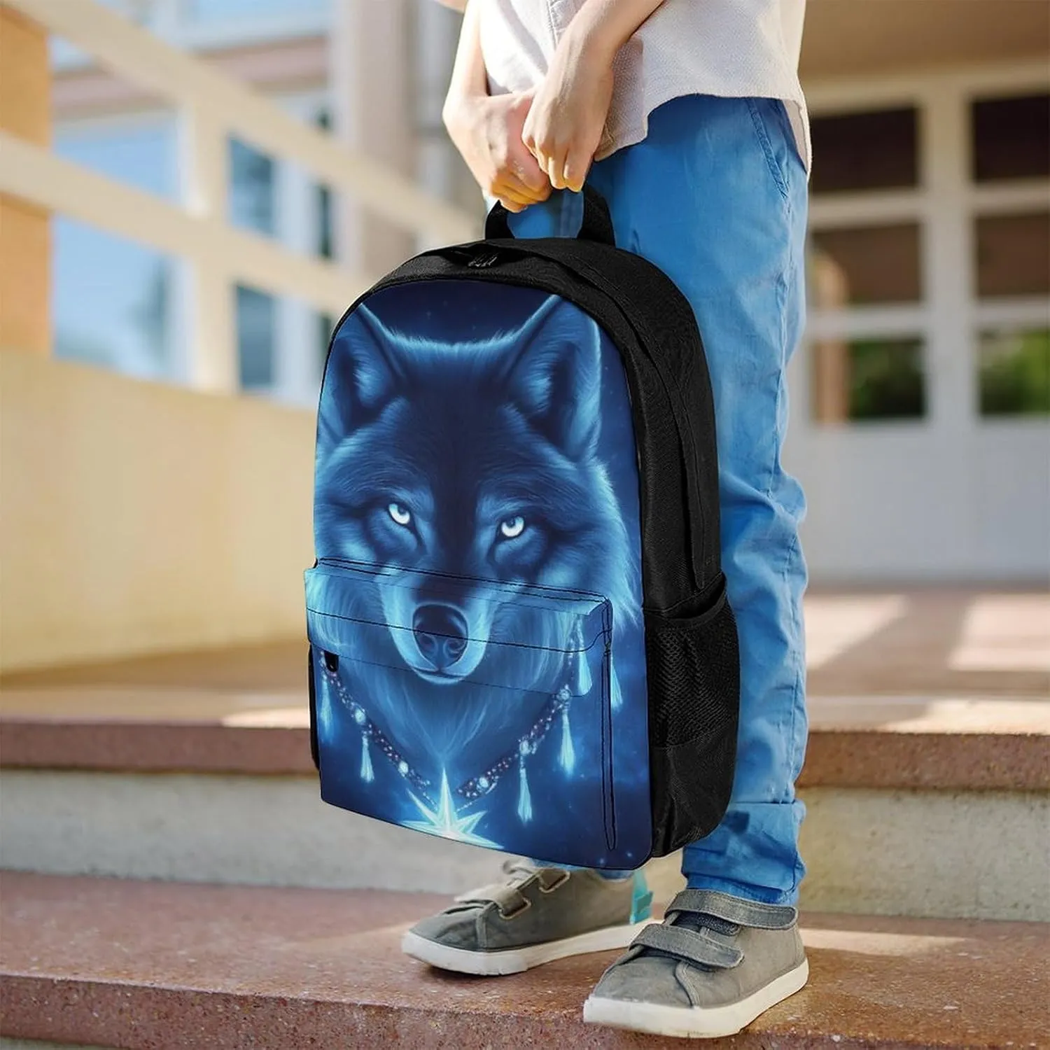 Lightweight Backpack for Gym Travel Bicycle - Big Capacity Multipurpose Anti-Theft Carry On Bag, Blue Space Magic Wolf Art Travel Hiking Bag & Day Pack