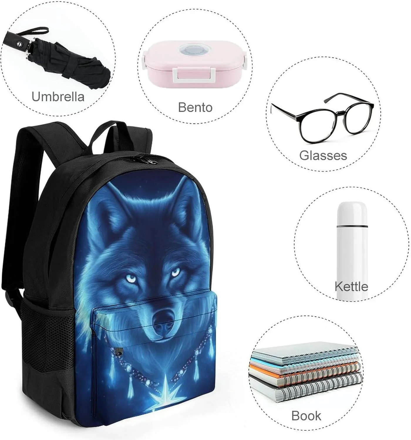 Lightweight Backpack for Gym Travel Bicycle - Big Capacity Multipurpose Anti-Theft Carry On Bag, Blue Space Magic Wolf Art Travel Hiking Bag & Day Pack