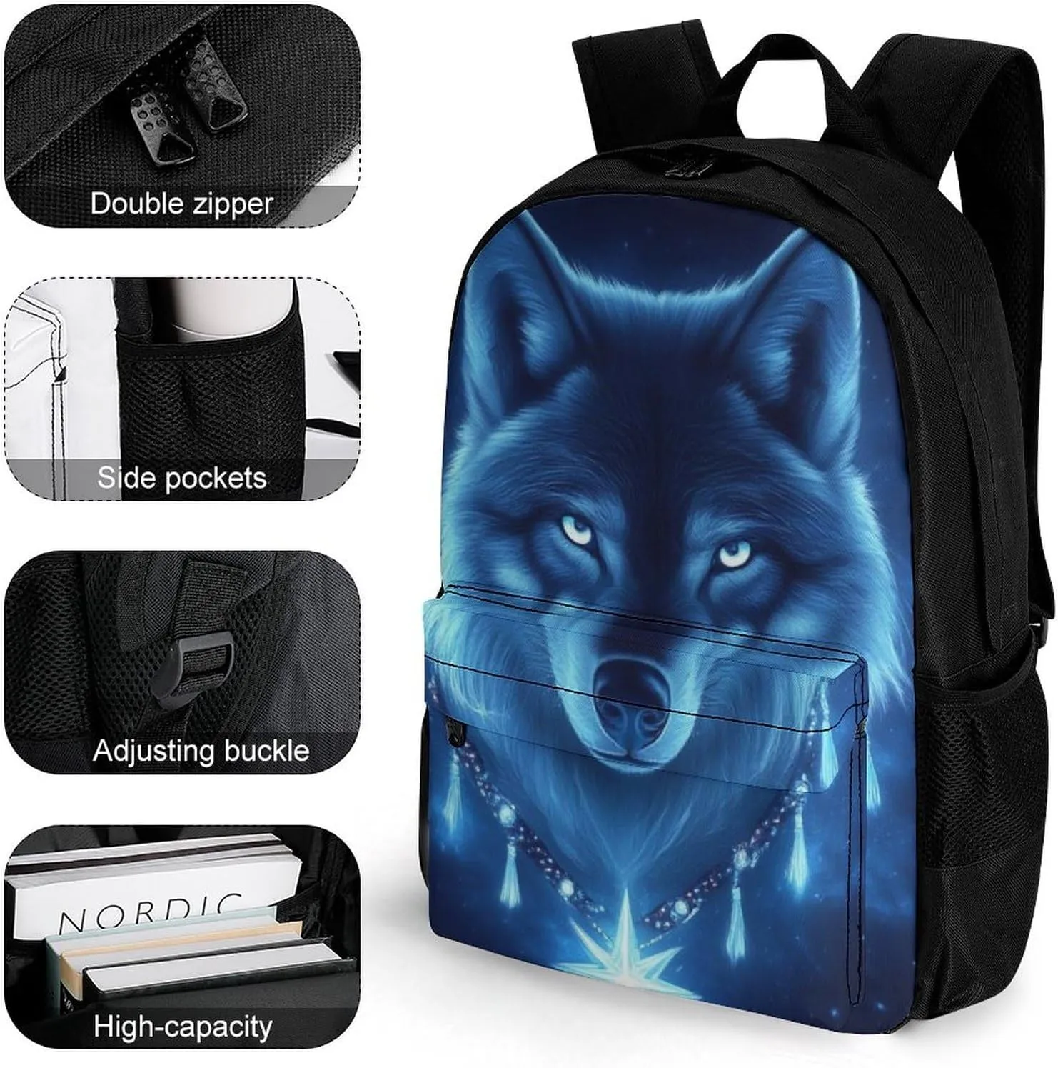 Lightweight Backpack for Gym Travel Bicycle - Big Capacity Multipurpose Anti-Theft Carry On Bag, Blue Space Magic Wolf Art Travel Hiking Bag & Day Pack