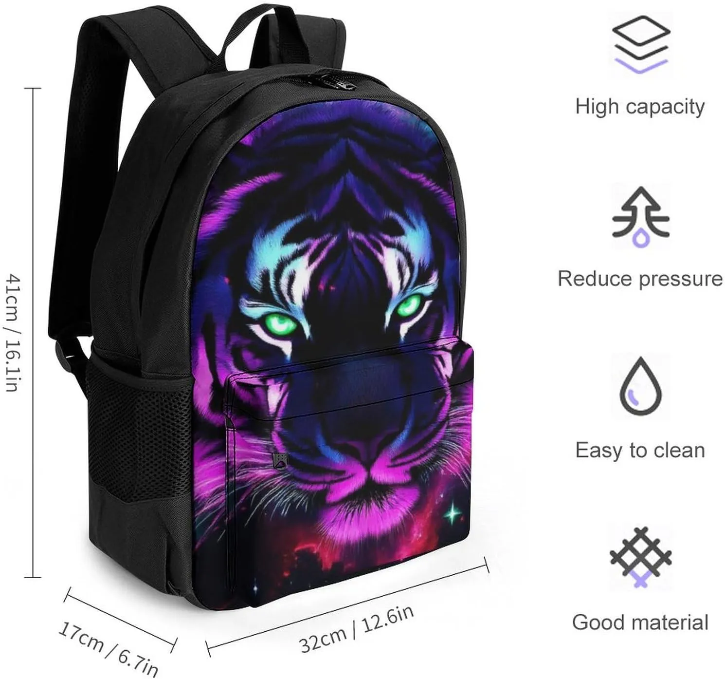 Lightweight Backpack for Gym Travel Bicycle - Big Capacity Multipurpose Anti-Theft Carry On Bag, Fantasy Purple Galaxy Sky Tiger Art Travel Hiking Bag & Day Pack