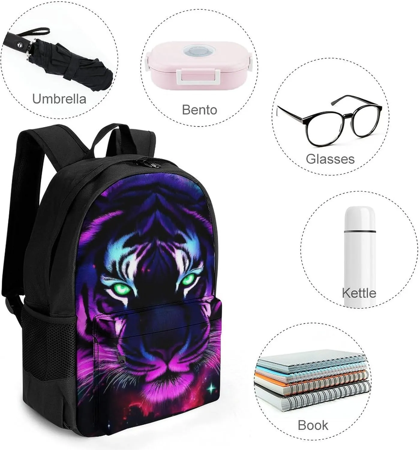 Lightweight Backpack for Gym Travel Bicycle - Big Capacity Multipurpose Anti-Theft Carry On Bag, Fantasy Purple Galaxy Sky Tiger Art Travel Hiking Bag & Day Pack