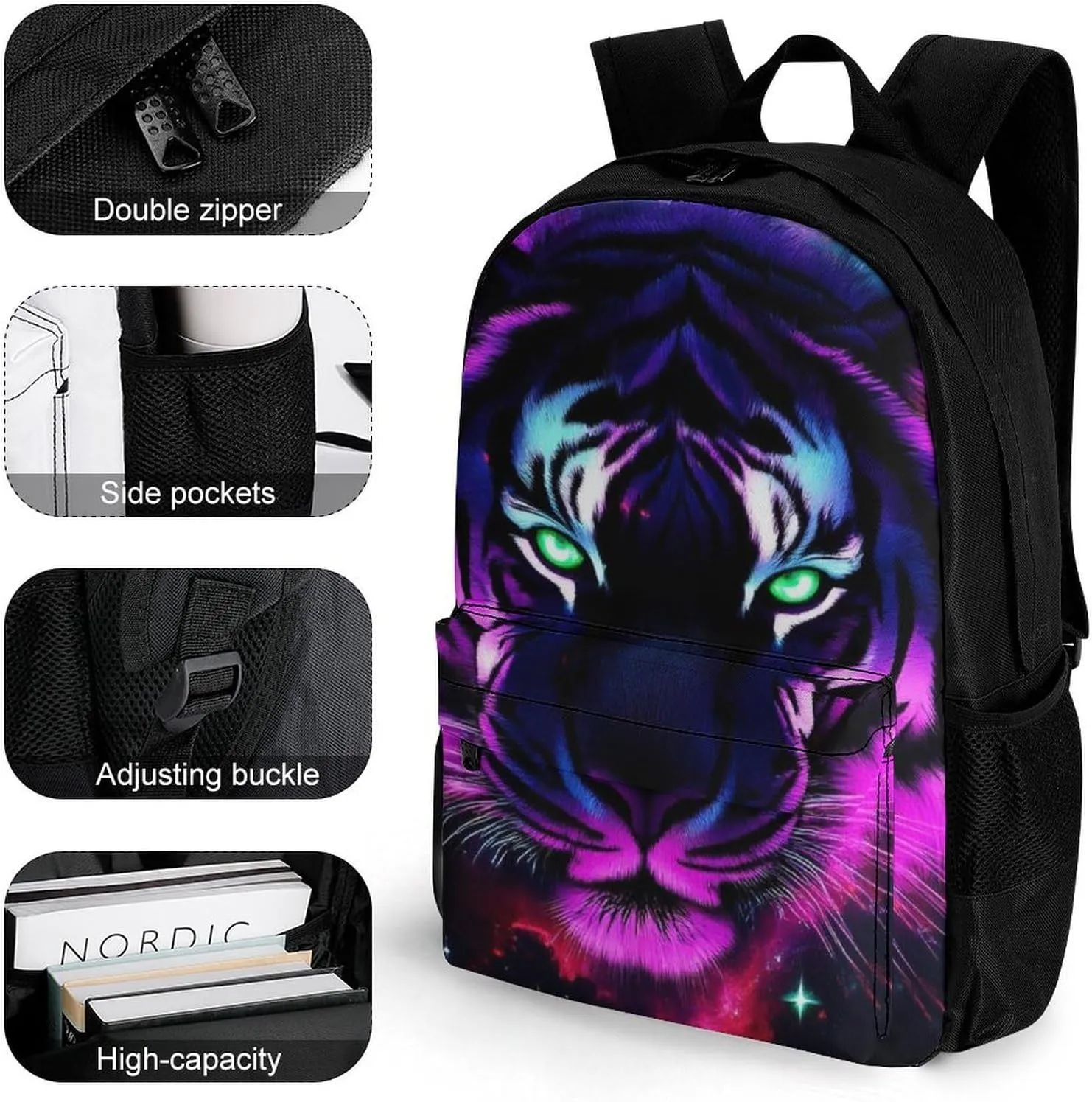 Lightweight Backpack for Gym Travel Bicycle - Big Capacity Multipurpose Anti-Theft Carry On Bag, Fantasy Purple Galaxy Sky Tiger Art Travel Hiking Bag & Day Pack