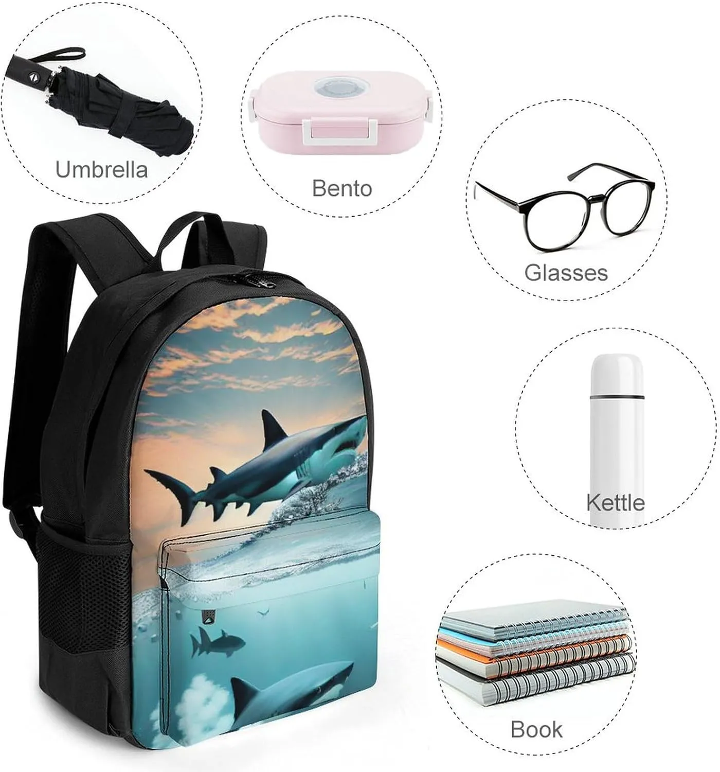 Lightweight Daypack Backpack for Sports Travel Running - Large Capacity Multipurpose Anti-Theft Bookbag, Shark Swim Blue Ocean Art Laptop Backpack Daypack