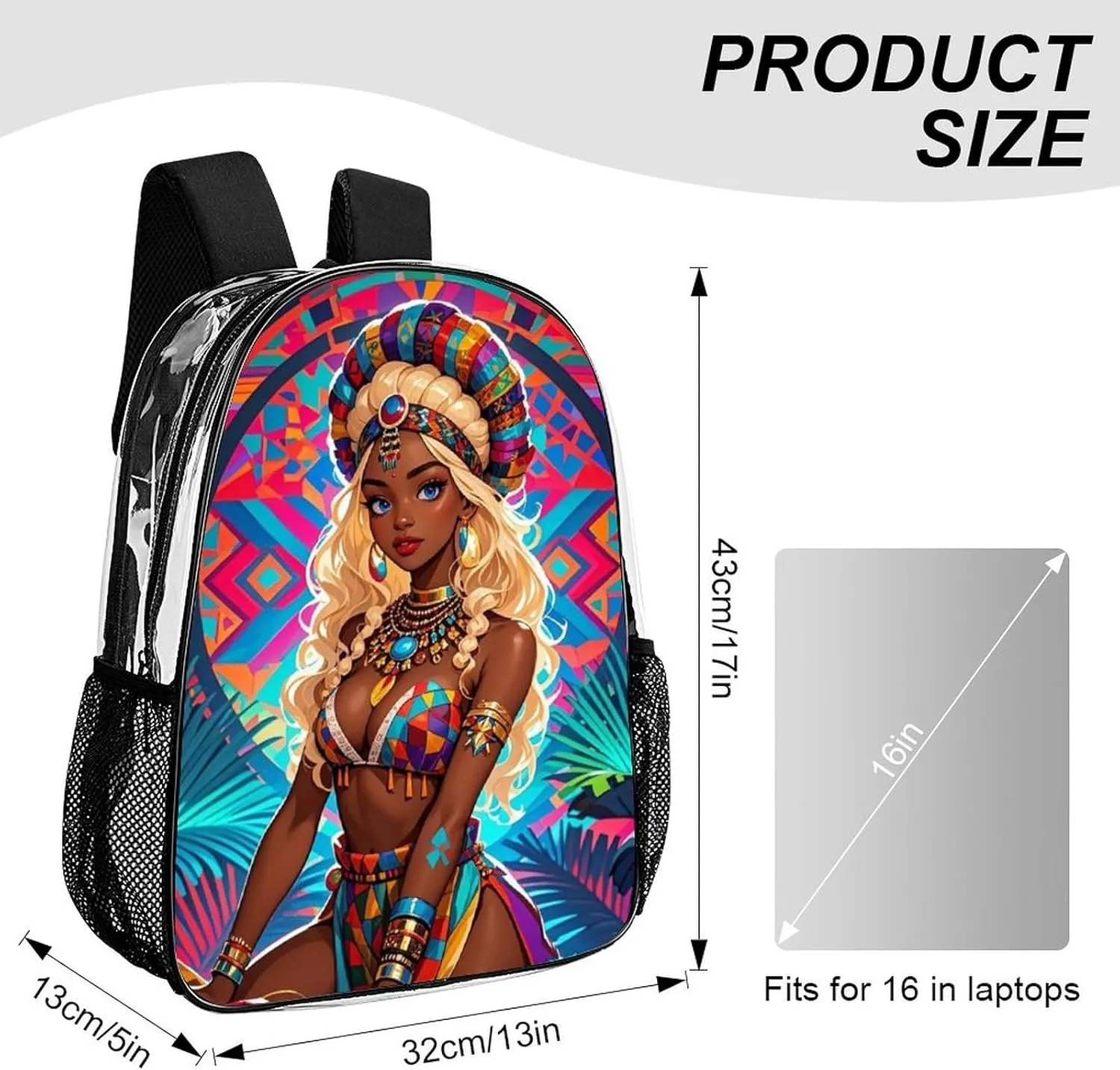 Lightweight Daypack Backpack for Sports Travel Running - Large Capacity Multipurpose Transparent Bookbag, Cool African American Woman Bold And Colorful Art Laptop Backpack Daypack