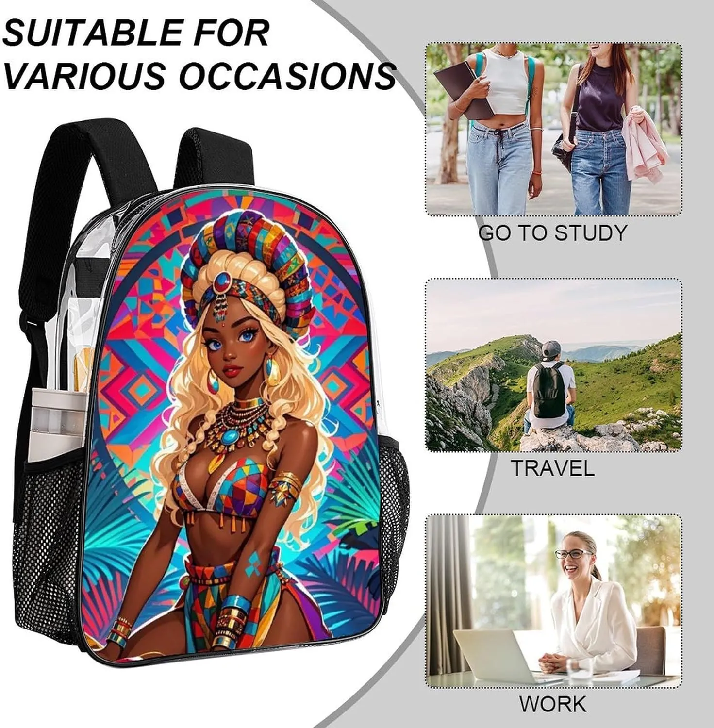 Lightweight Daypack Backpack for Sports Travel Running - Large Capacity Multipurpose Transparent Bookbag, Cool African American Woman Bold And Colorful Art Laptop Backpack Daypack