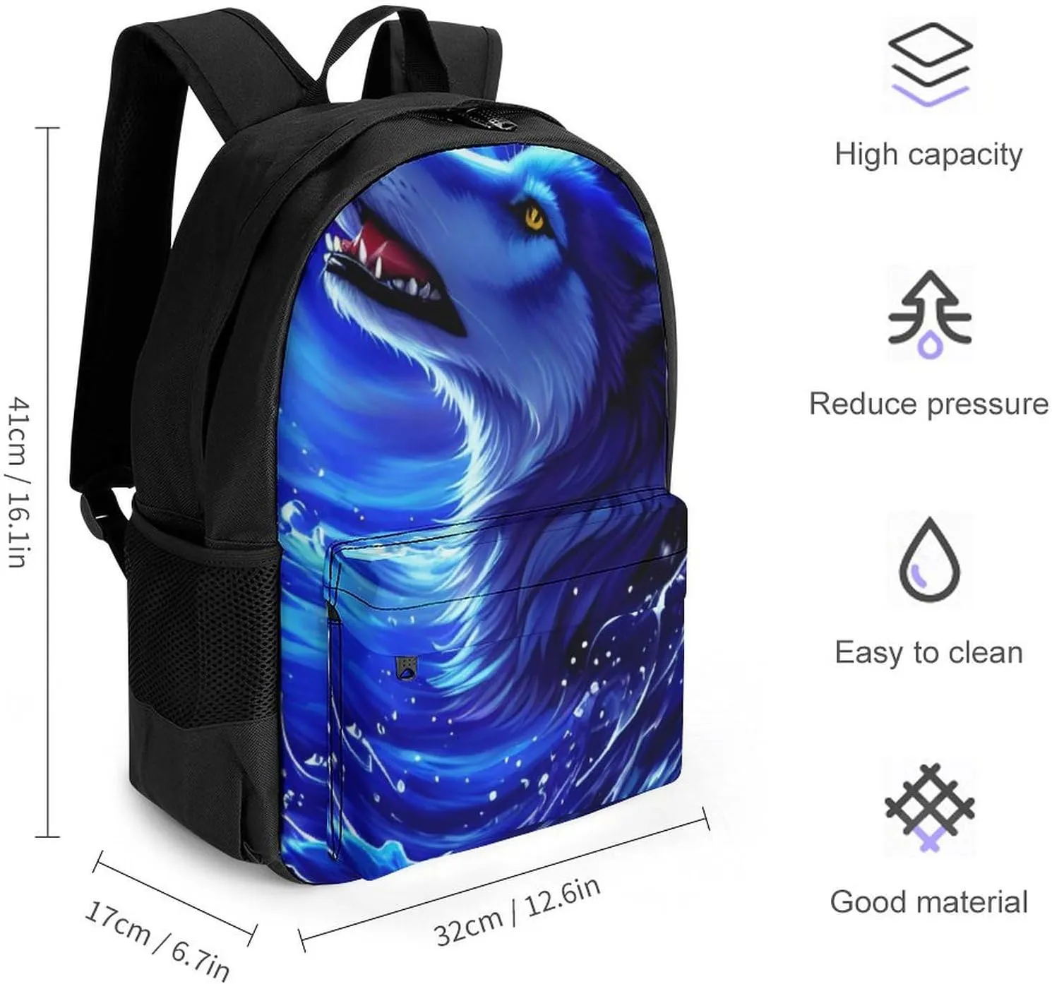 Lightweight Daypack Backpack for Trekking Work Running - Big Capacity Multipurpose Anti-Theft Bookbag, Blue Ocean Cool Wolf Art Business Computer Bag