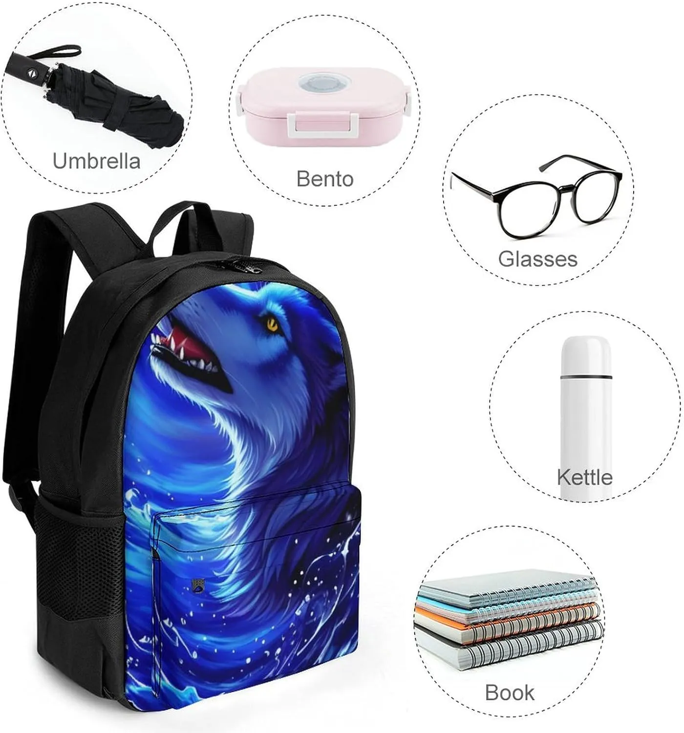 Lightweight Daypack Backpack for Trekking Work Running - Big Capacity Multipurpose Anti-Theft Bookbag, Blue Ocean Cool Wolf Art Business Computer Bag