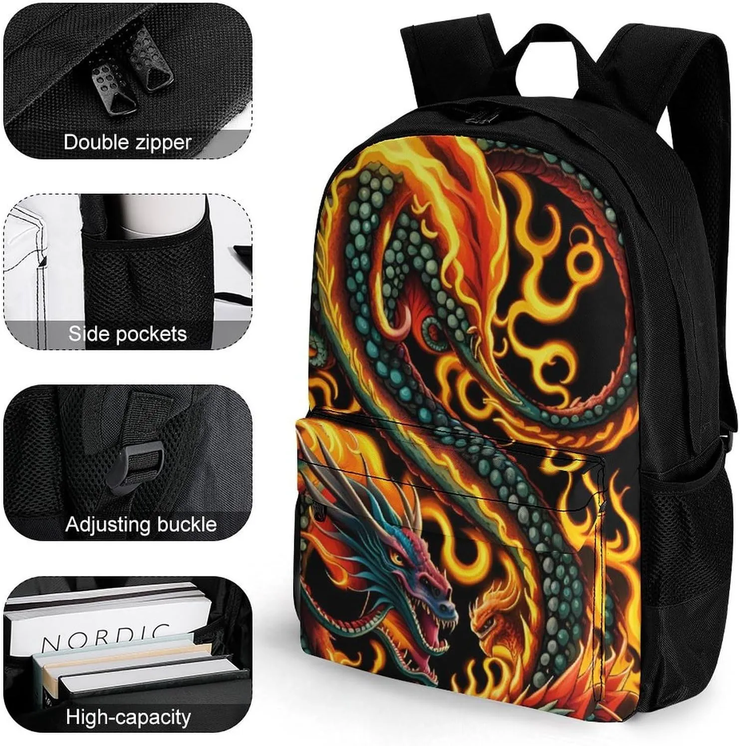 Lightweight Daypack Backpack for Trekking Work Running - Big Capacity Multipurpose Anti-Theft Bookbag, Burning Flaming Fire Chinese Dragon Art Business Computer Bag