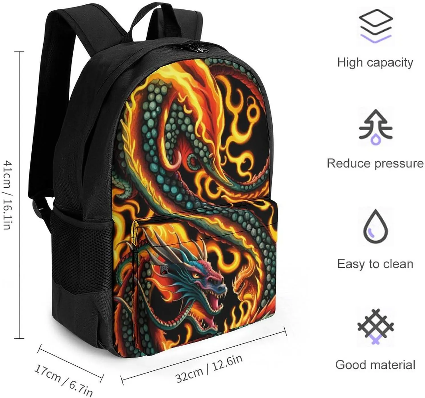 Lightweight Daypack Backpack for Trekking Work Running - Big Capacity Multipurpose Anti-Theft Bookbag, Burning Flaming Fire Chinese Dragon Art Business Computer Bag