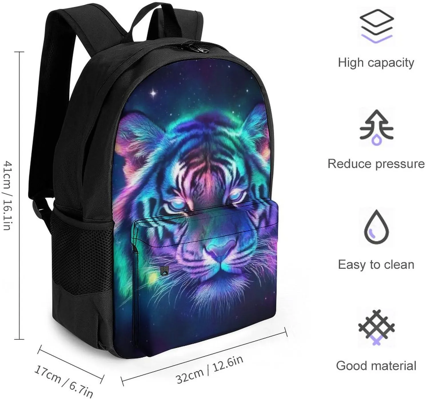 Lightweight Daypack Backpack for Trekking Work Running - Big Capacity Multipurpose Anti-Theft Bookbag, Fantasy Purple Galaxy Sky Tiger Art Business Computer Bag