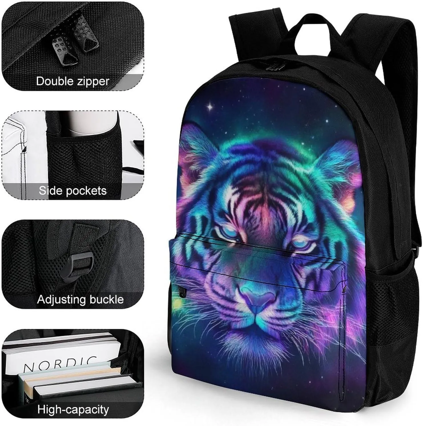 Lightweight Daypack Backpack for Trekking Work Running - Big Capacity Multipurpose Anti-Theft Bookbag, Fantasy Purple Galaxy Sky Tiger Art Business Computer Bag