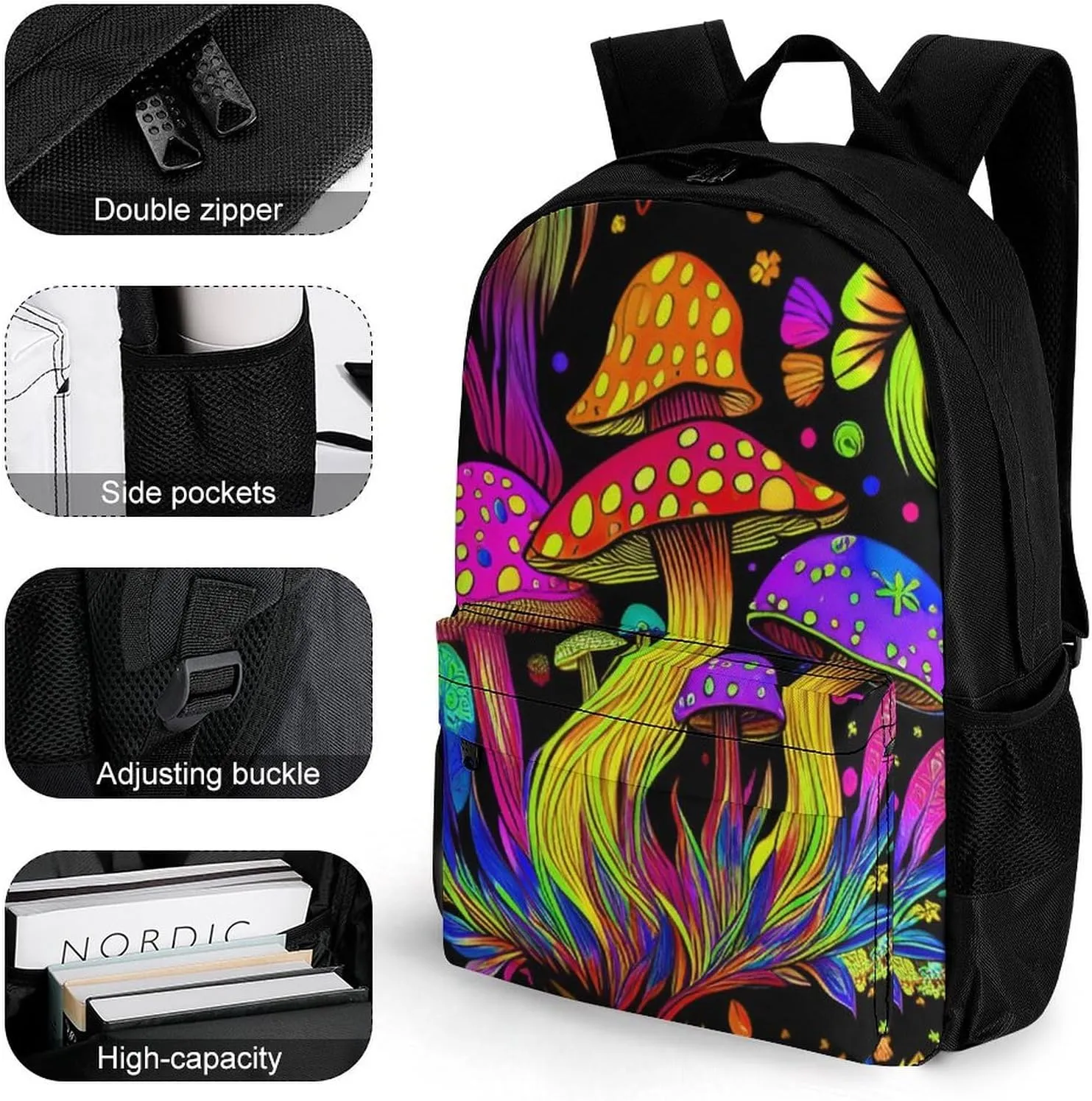 Lightweight Daypack Backpack for Trekking Work Running - Big Capacity Multipurpose Anti-Theft Bookbag, Psychedelic Mushroom Trippy Magic Art Business Computer Bag