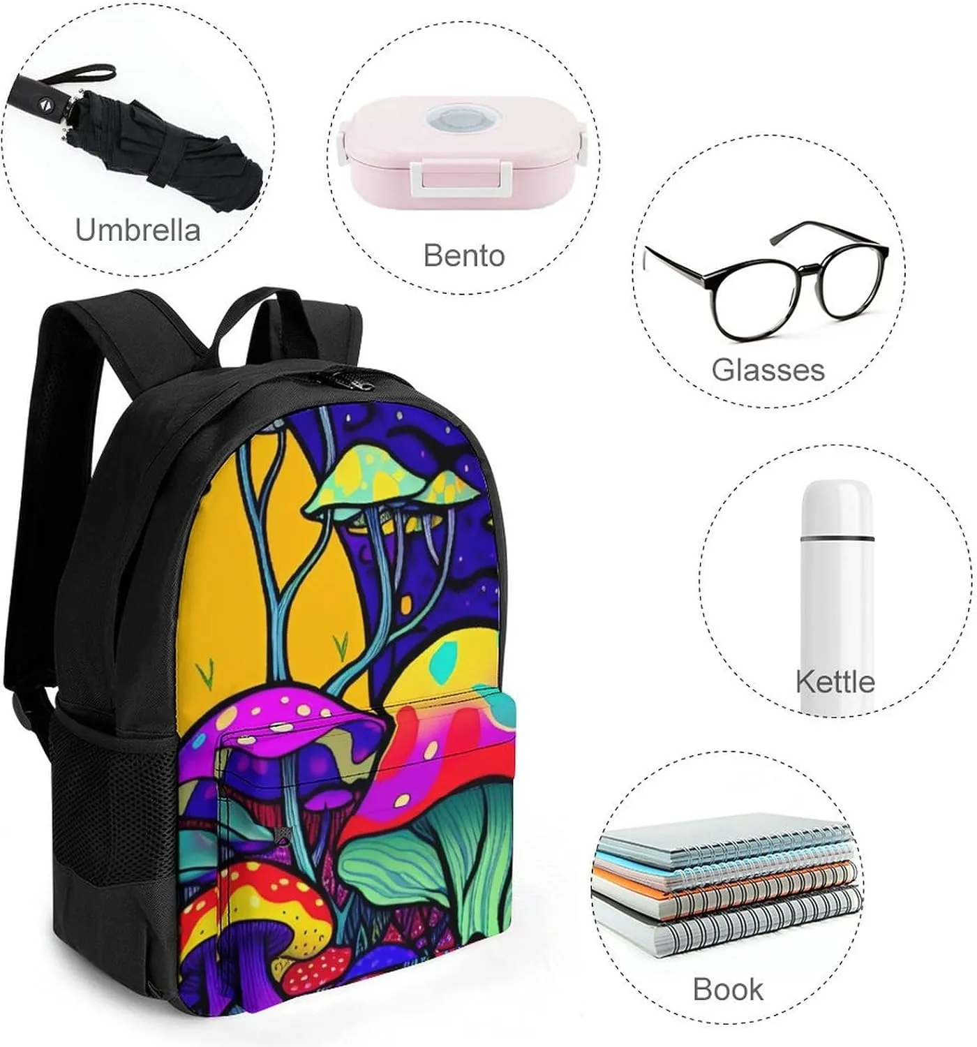 Lightweight Daypack Backpack for Trekking Work Running - Big Capacity Multipurpose Anti-Theft Bookbag, Psychedelic Mushrooms Magic World Trippy Art Business Computer Bag