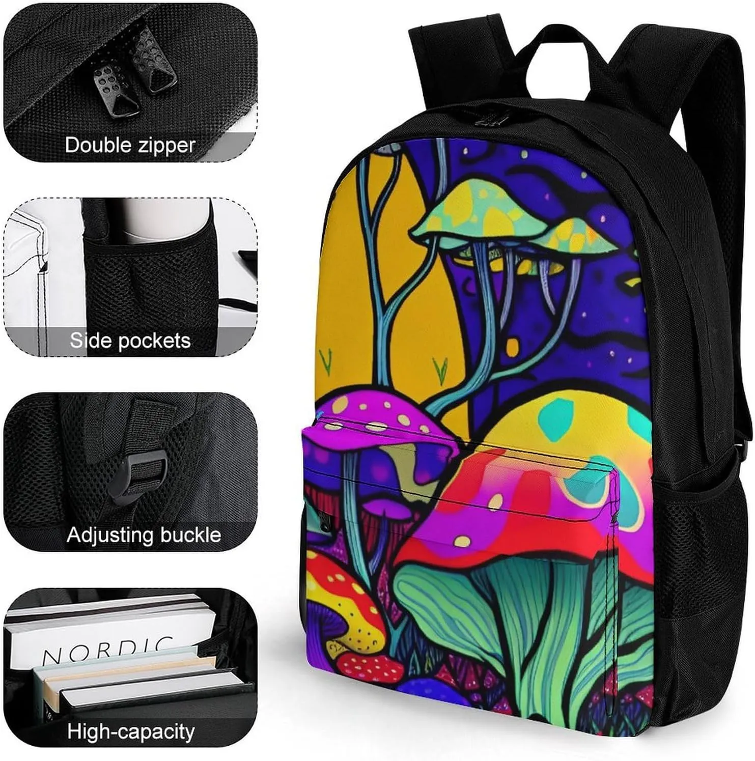 Lightweight Daypack Backpack for Trekking Work Running - Big Capacity Multipurpose Anti-Theft Bookbag, Psychedelic Mushrooms Magic World Trippy Art Business Computer Bag