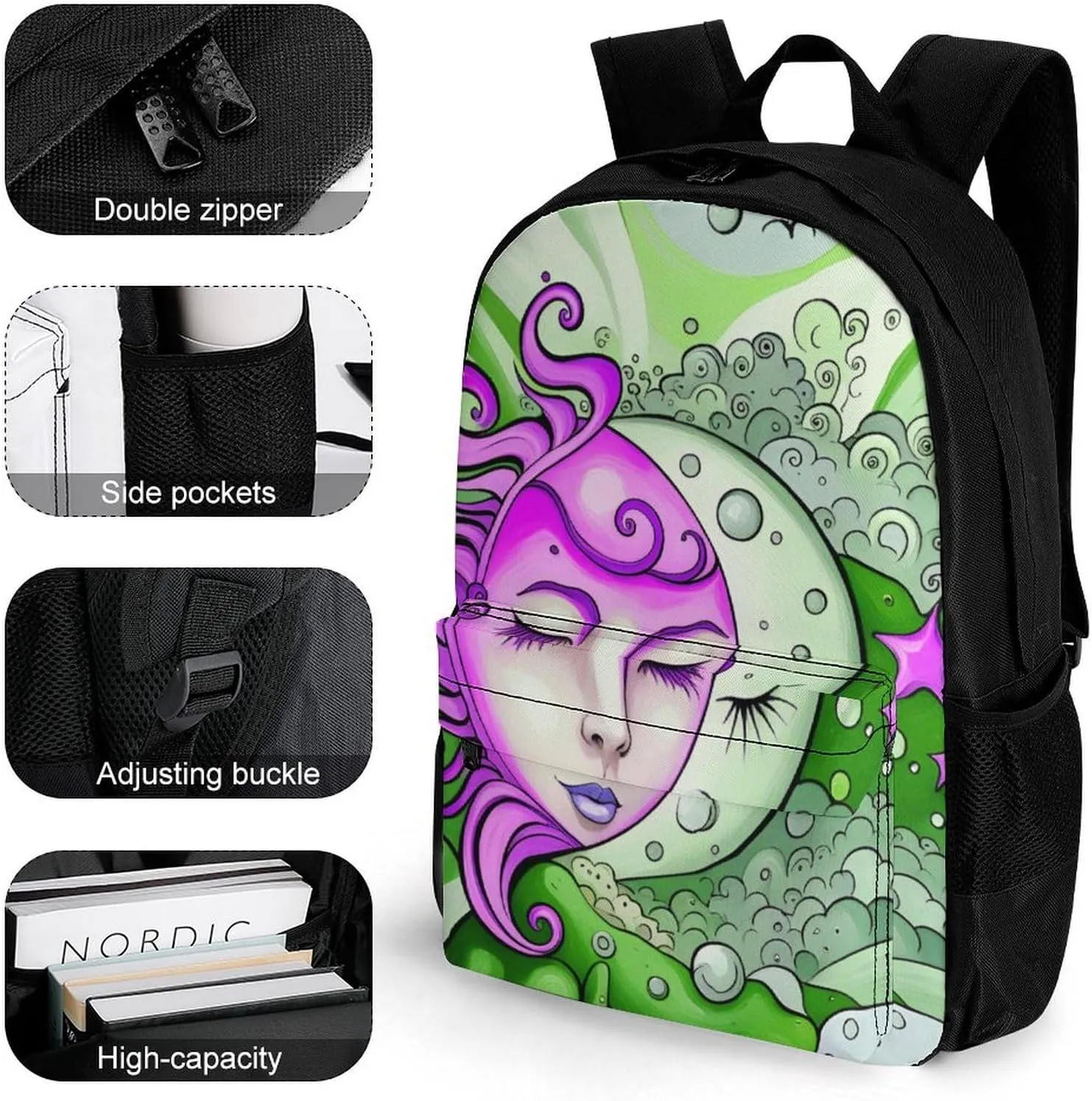 Lightweight Daypack Backpack for Trekking Work Running - Big Capacity Multipurpose Anti-Theft Bookbag, Sun And Moon Art Business Computer Bag