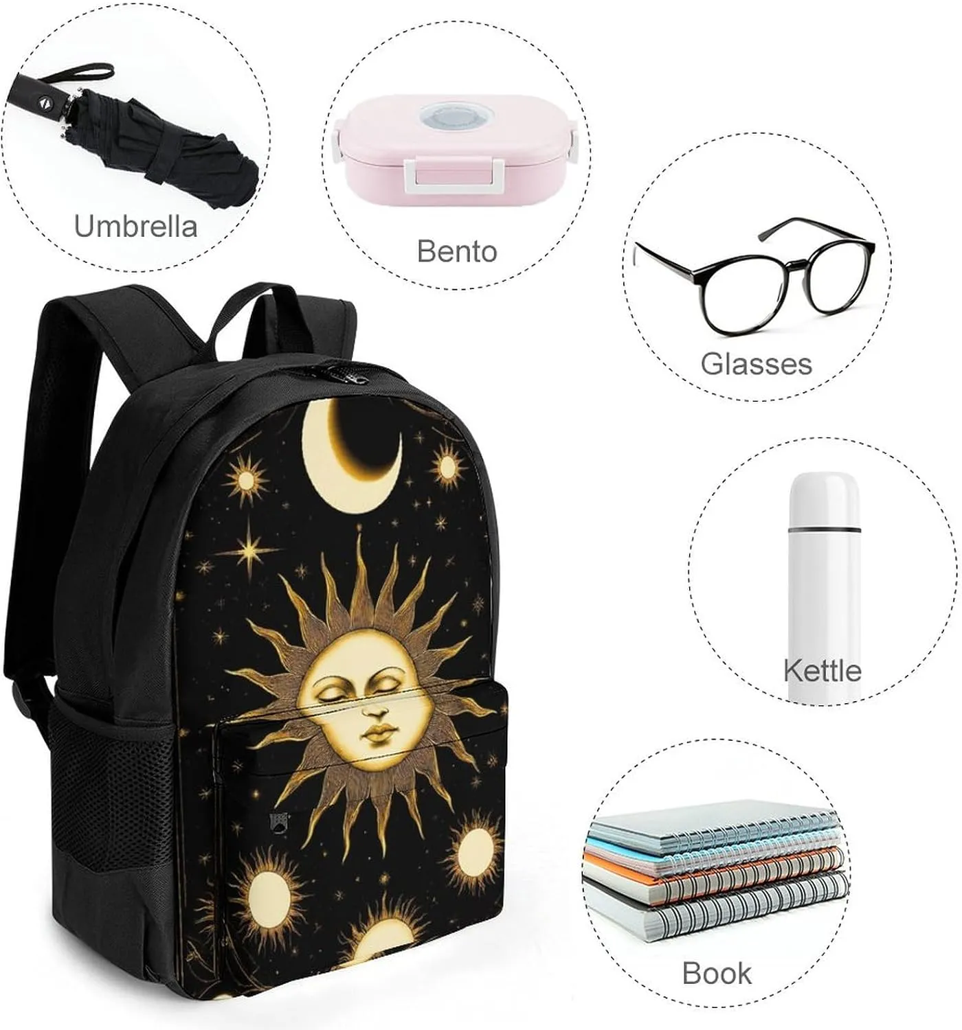 Lightweight Daypack Backpack for Trekking Work Running - Big Capacity Multipurpose Anti-Theft Bookbag, Tarot Card Magic Boho Vintage Sun Moon Stars Business Computer Bag