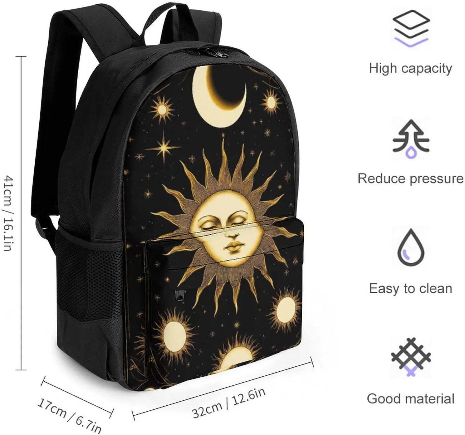 Lightweight Daypack Backpack for Trekking Work Running - Big Capacity Multipurpose Anti-Theft Bookbag, Tarot Card Magic Boho Vintage Sun Moon Stars Business Computer Bag