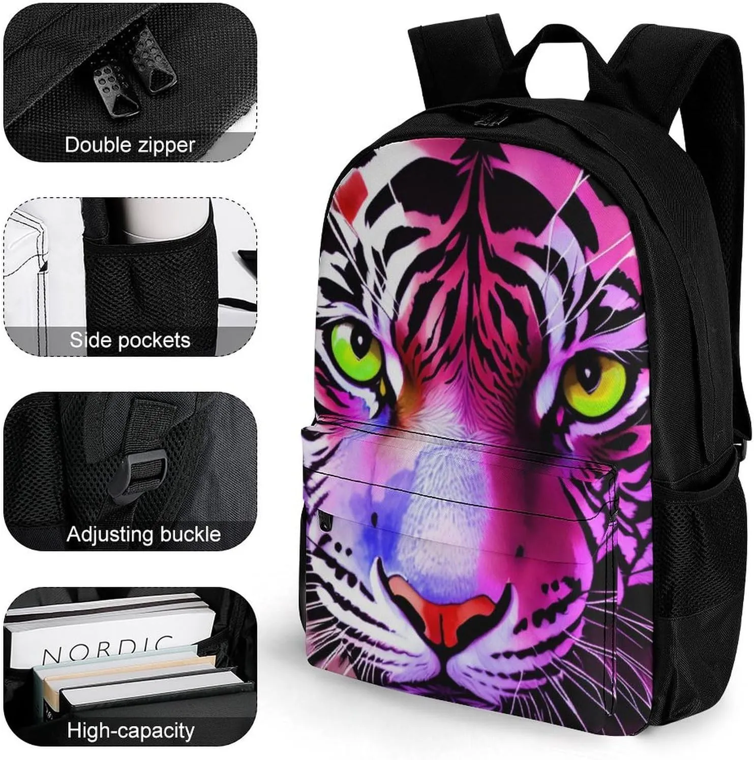 Lightweight Daypack Bookbag for Trekking Business Walking Cycling - Big Capacity Anti-Theft Multipurpose Carry On Bag, Colorful Abstract King Of The Tiger Watercolor Art Business Computer Bag
