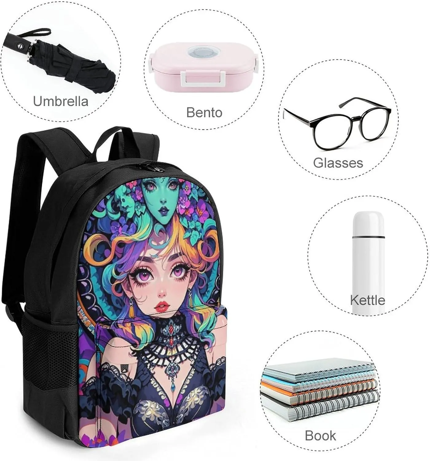Lightweight Daypack Bookbag for Trekking Business Walking Cycling - Big Capacity Anti-Theft Multipurpose Carry On Bag, Gothic Dark Woman Psychedelic Art Business Computer Bag