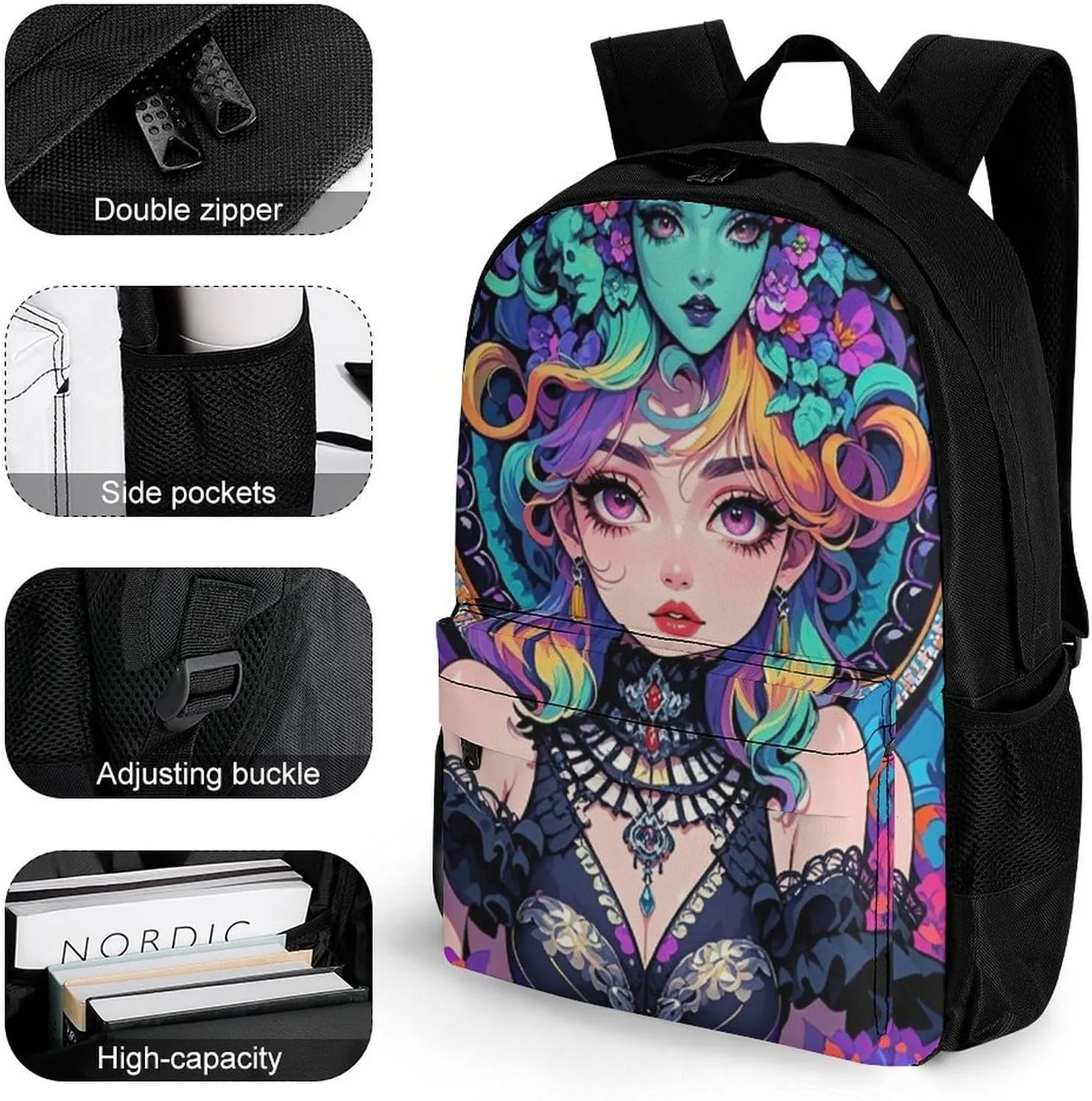 Lightweight Daypack Bookbag for Trekking Business Walking Cycling - Big Capacity Anti-Theft Multipurpose Carry On Bag, Gothic Dark Woman Psychedelic Art Business Computer Bag