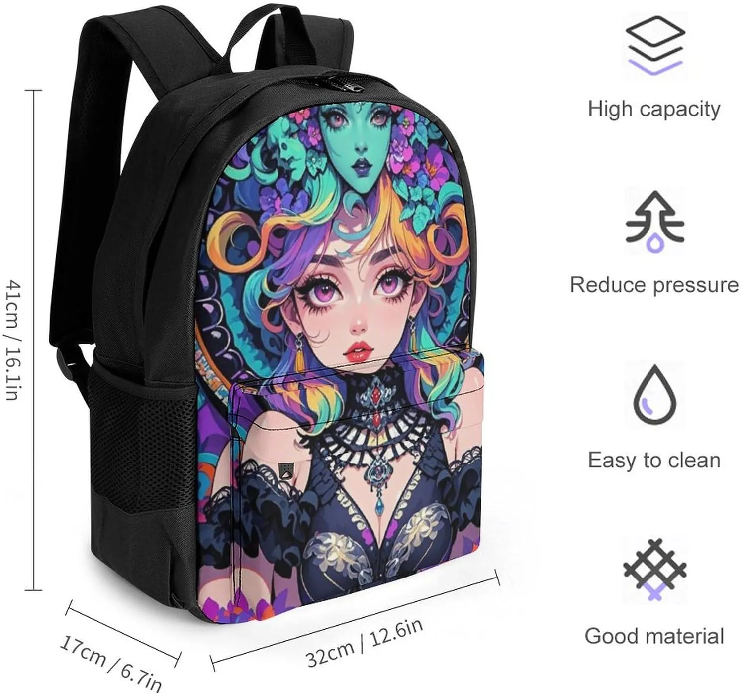 Lightweight Daypack Bookbag for Trekking Business Walking Cycling - Big Capacity Anti-Theft Multipurpose Carry On Bag, Gothic Dark Woman Psychedelic Art Business Computer Bag