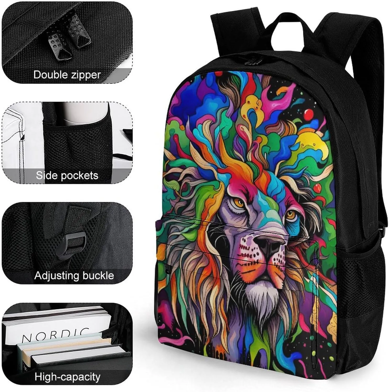 Lightweight Daypack for Camping Business Walking Cycling - Large Capacity Anti-Theft Multipurpose Bookbag, Africa Colorful Lion Watercolor Art Gym Outdoor Hiking Backpack