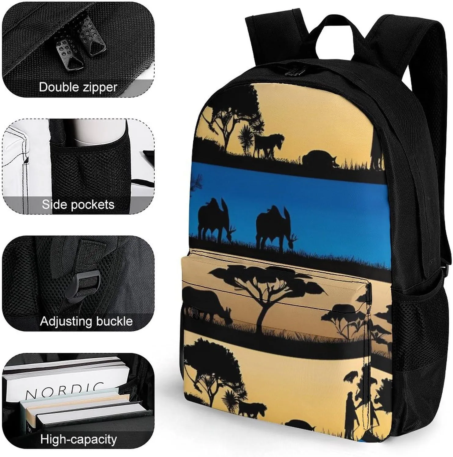 Lightweight Daypack for Camping Business Walking Cycling - Large Capacity Anti-Theft Multipurpose Bookbag, African Wild Animals Acacia Trees Art Gym Outdoor Hiking Backpack