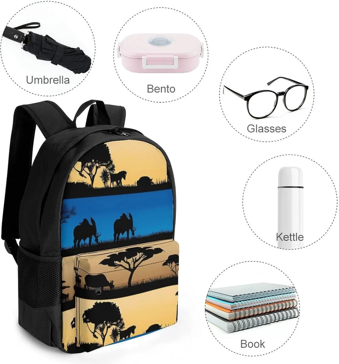 Lightweight Daypack for Camping Business Walking Cycling - Large Capacity Anti-Theft Multipurpose Bookbag, African Wild Animals Acacia Trees Art Gym Outdoor Hiking Backpack